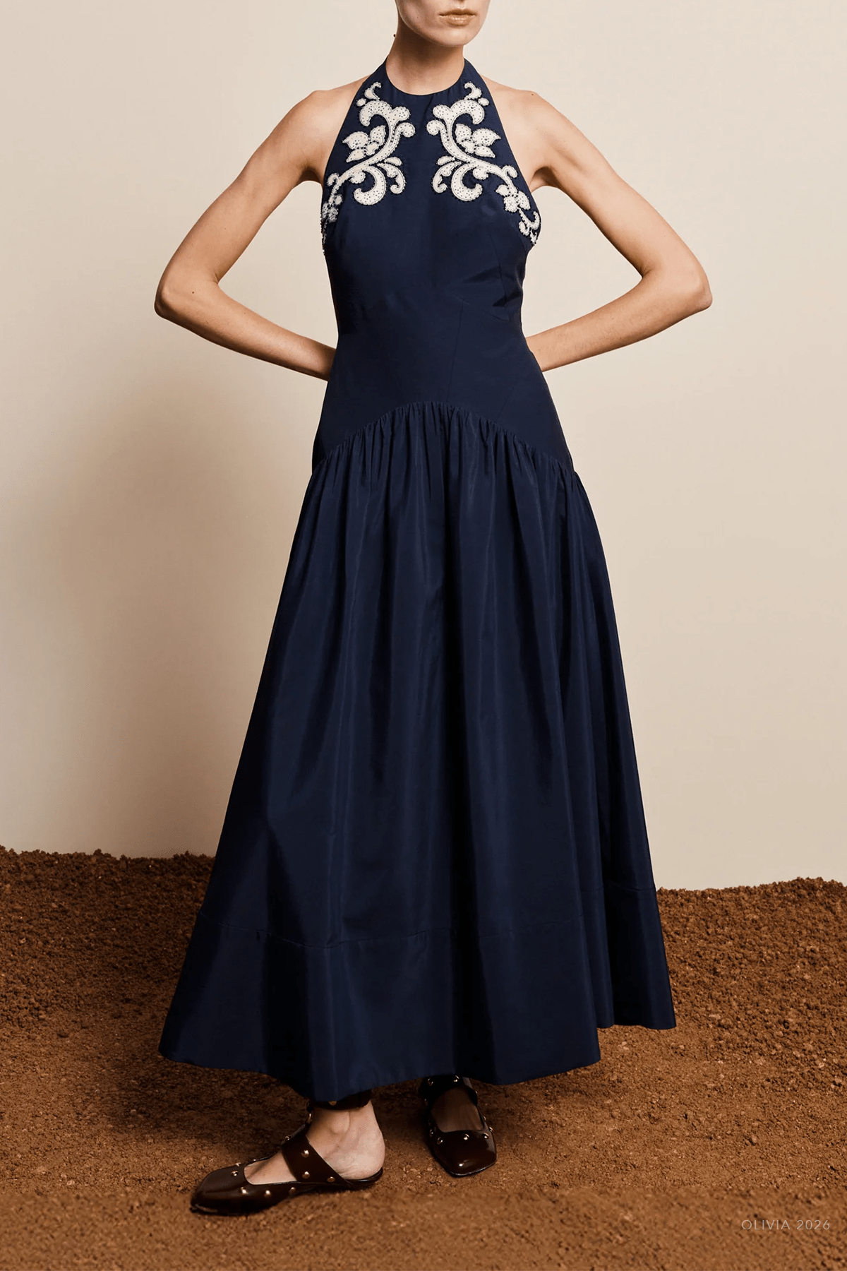Dillon Applique Halter Gown in Ink - shop-olivia.com