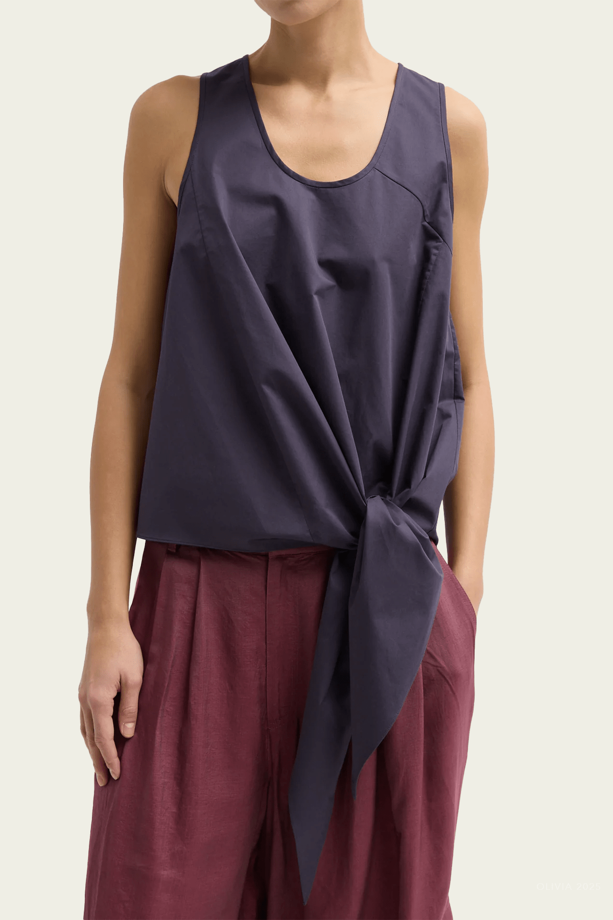 Eco Poplin Tie Front Top in Eggplant - shop - olivia.com