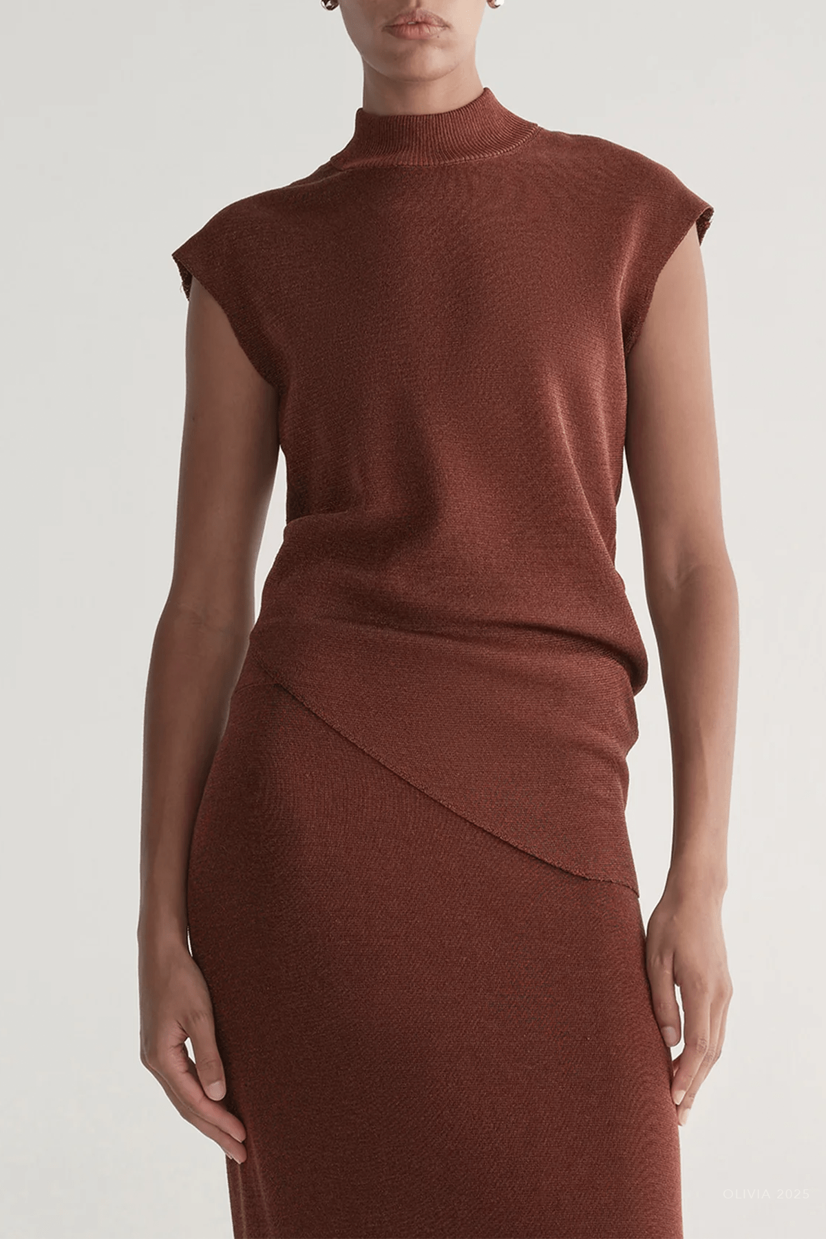 Edith Metallic Knit Asymmetric Top in Rust - shop - olivia.com