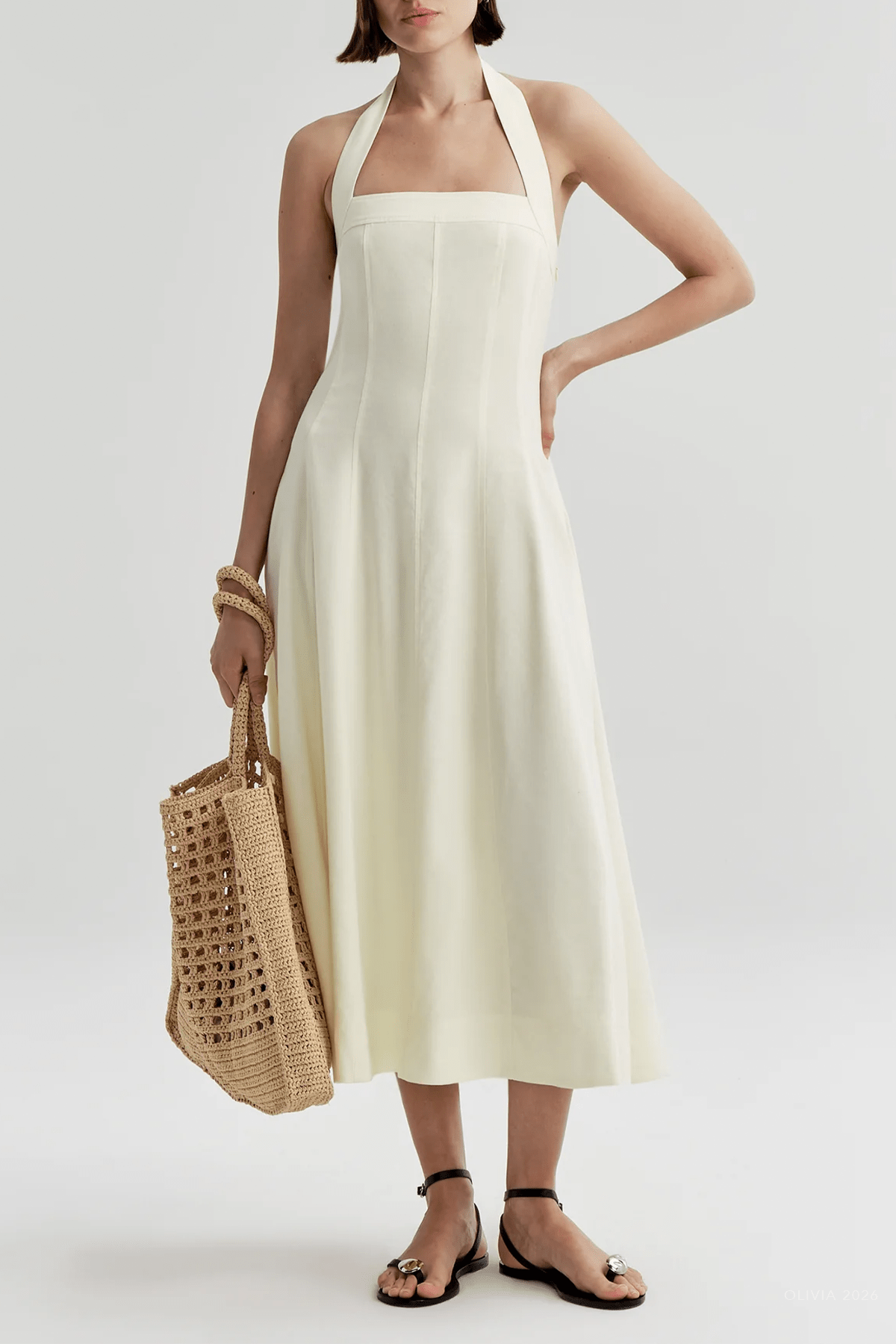 Elinor Linen Midi Halter Dress in Light Canary - shop-olivia.com