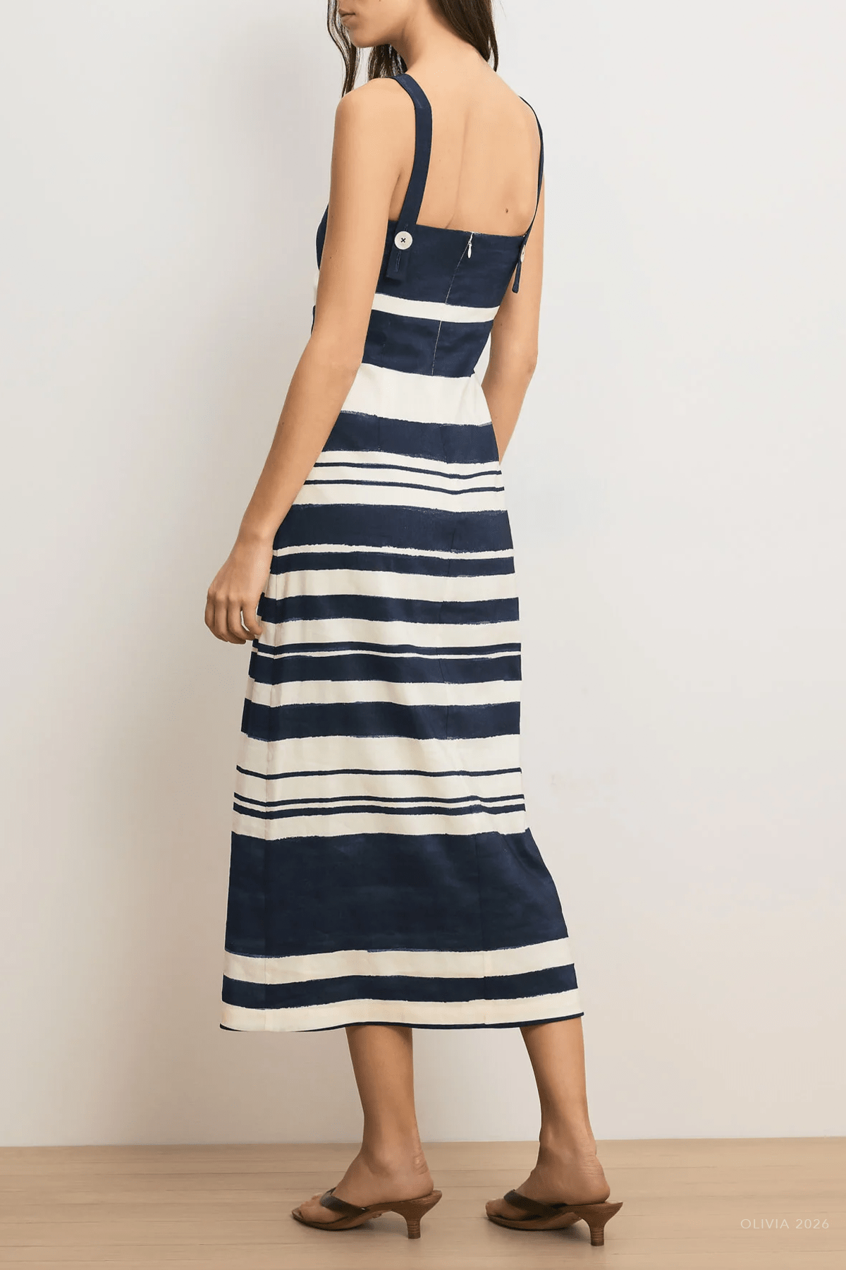 Ella Striped Linen Midi Dress in Navy Dove White - shop - olivia.com