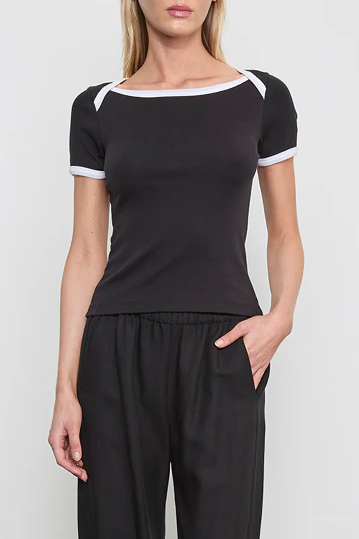 Cotton Ringer Bateau Tee in Black White