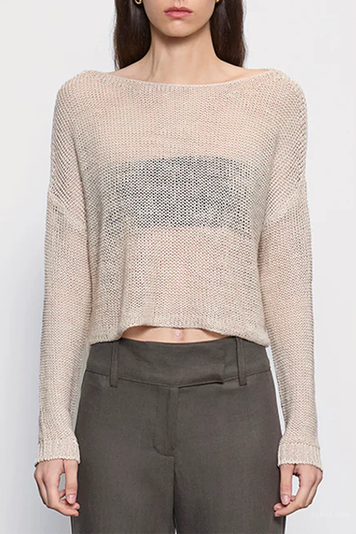 Linen Open Knit Bateau Sweater in Pearl Grey