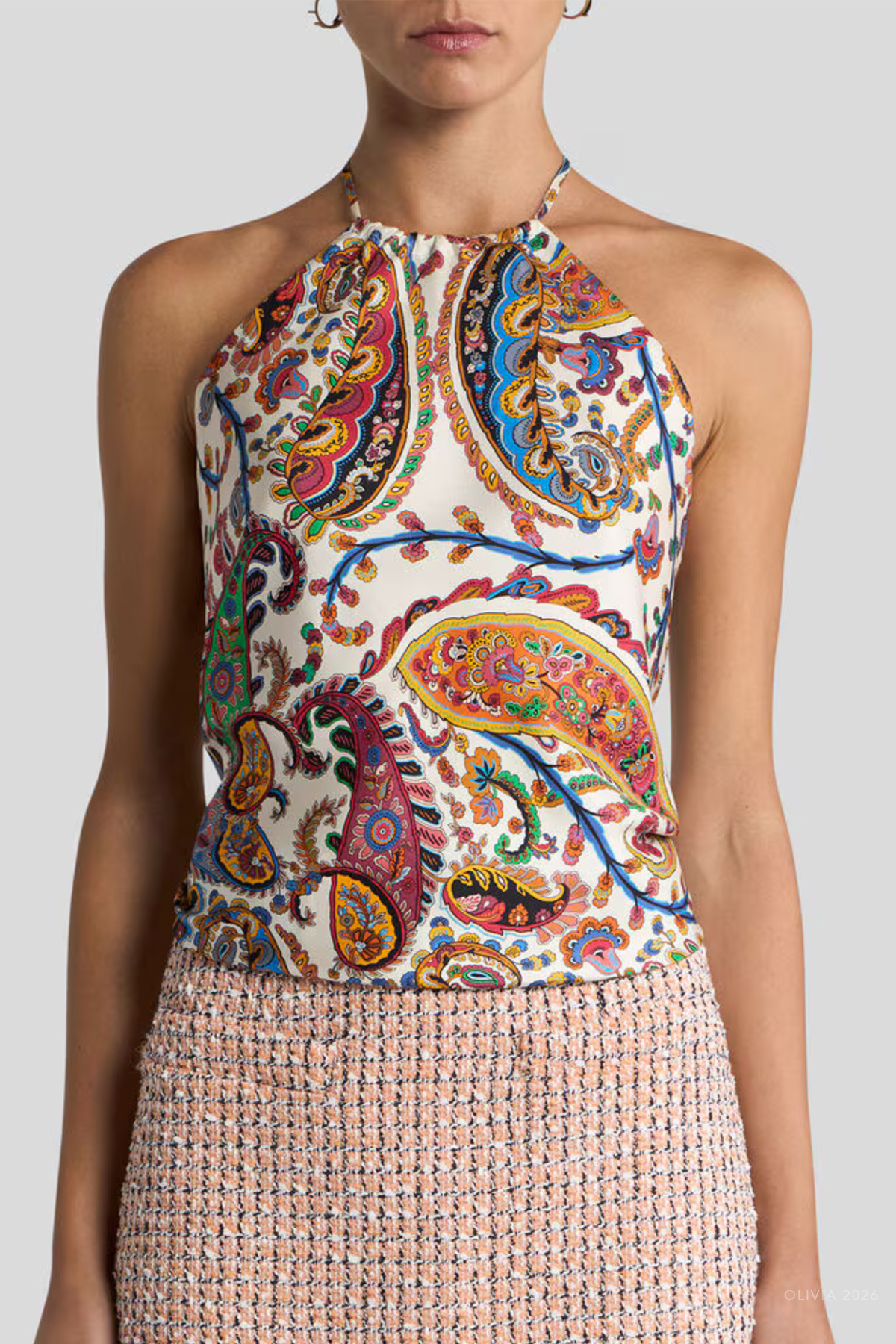Floral Paisley Halterneck Silk Top in Multicolor