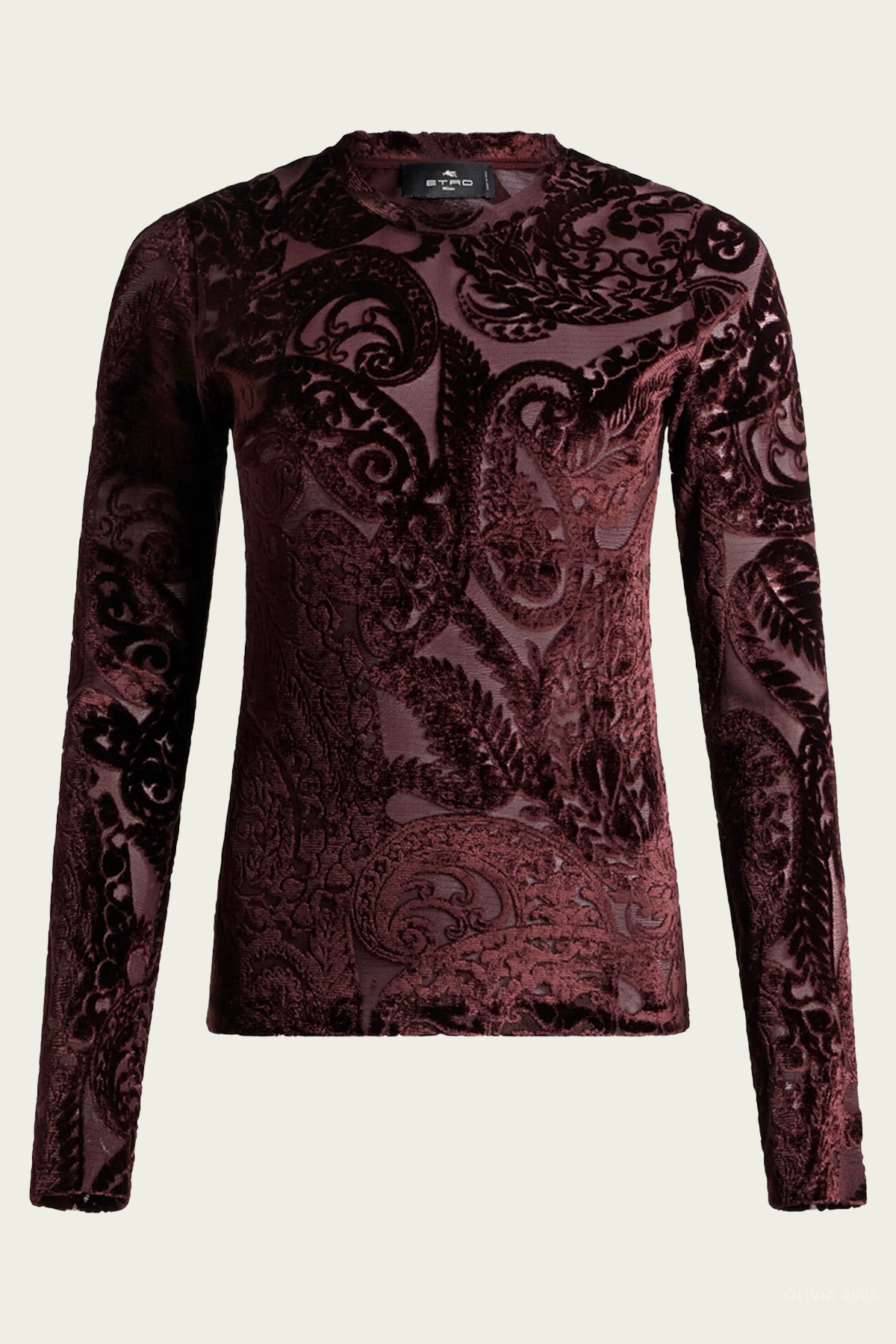 Velvet Paisley Long-Sleeve Top in Burgundy