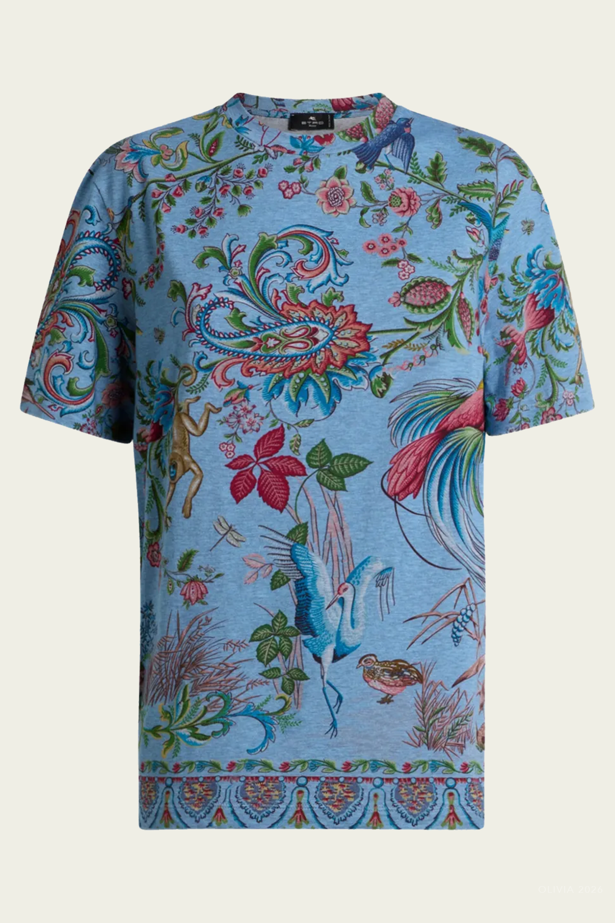Flora-Fauna Motif T-Shirt in Blue Multicolor