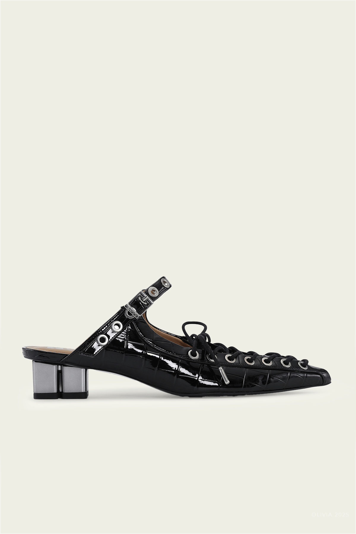 Eyelets Lace - Up Mule in Black Croco - shop - olivia.com