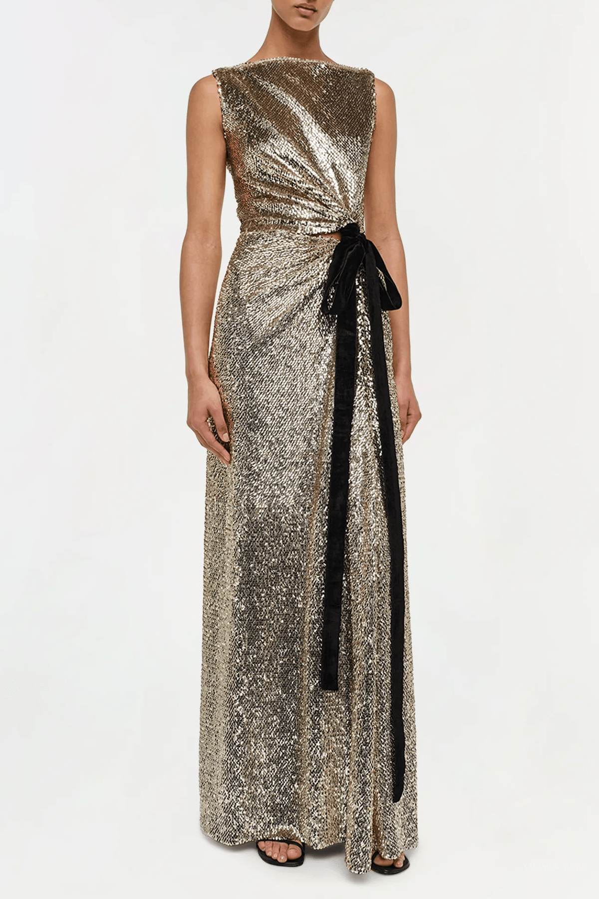 Felicity Draped Sequin Gown in Gold Multi - shop - olivia.com