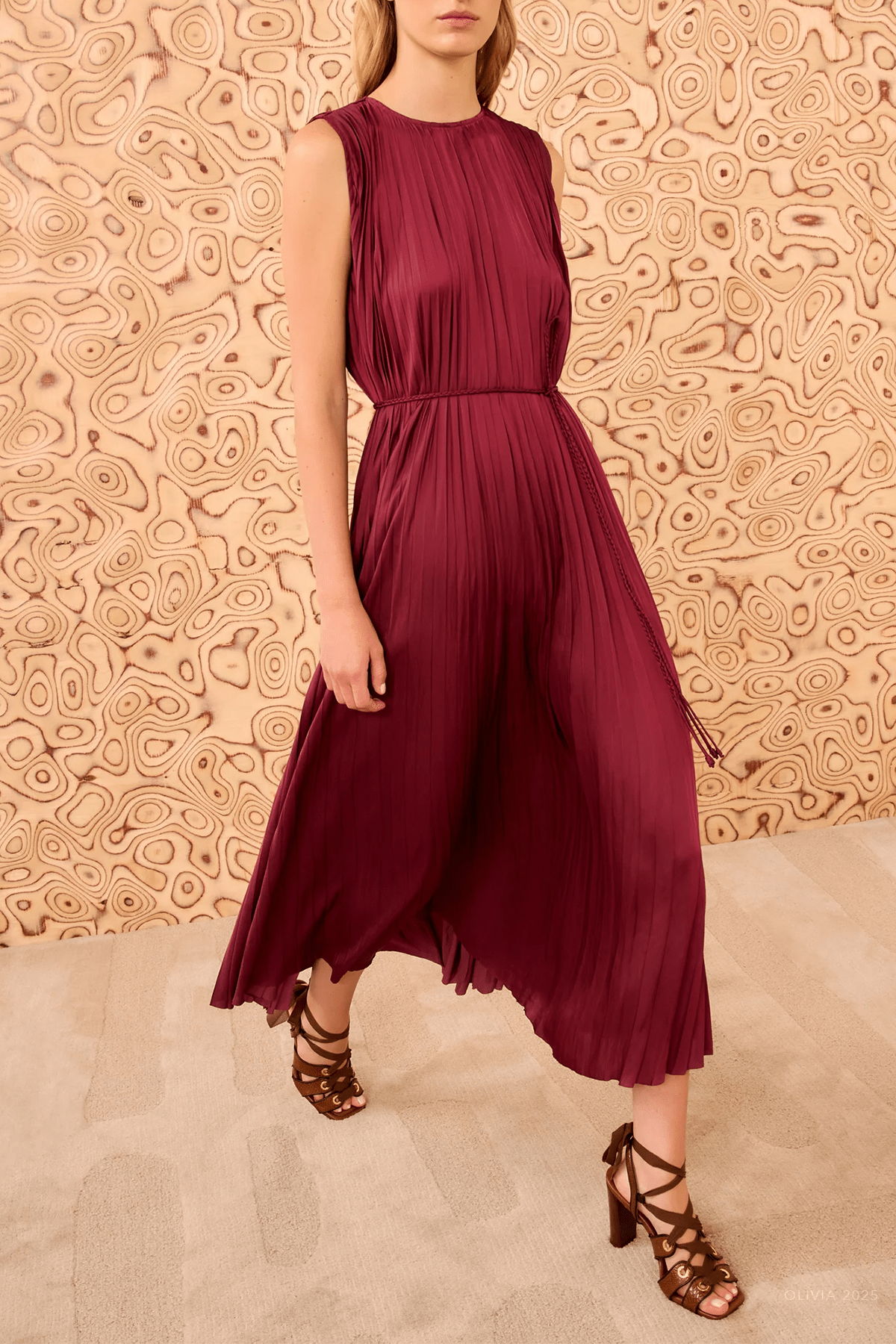 Fianna Pleated Midi Dress in Claret - shop - olivia.com