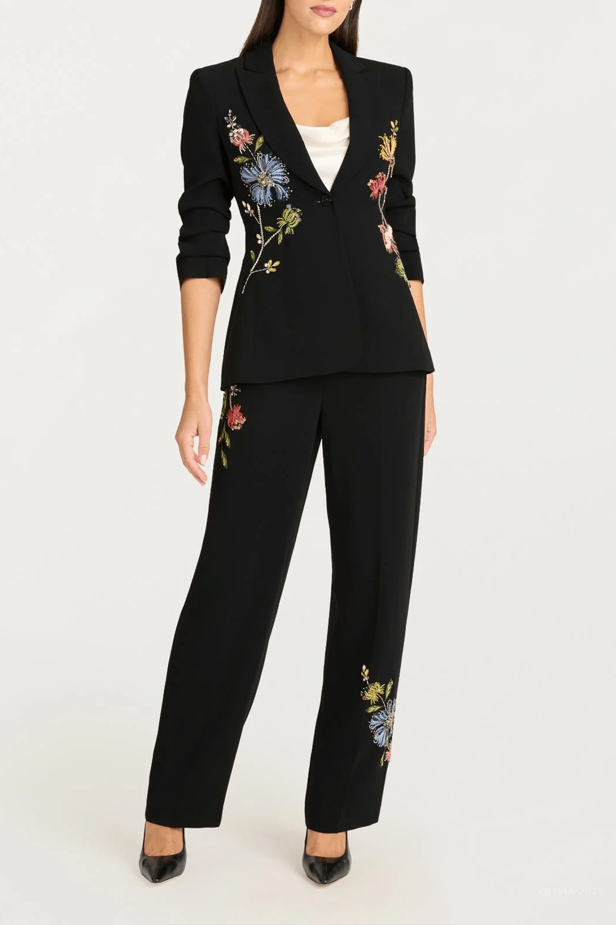 Floral Mixed Media Harlan Pant in Black Multi - shop - olivia.com