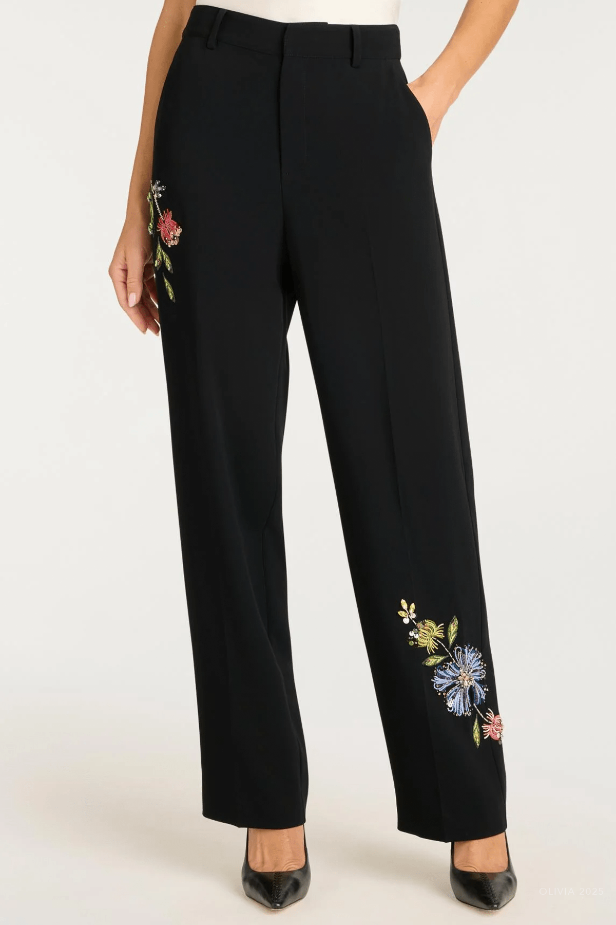 Floral Mixed Media Harlan Pant in Black Multi - shop - olivia.com