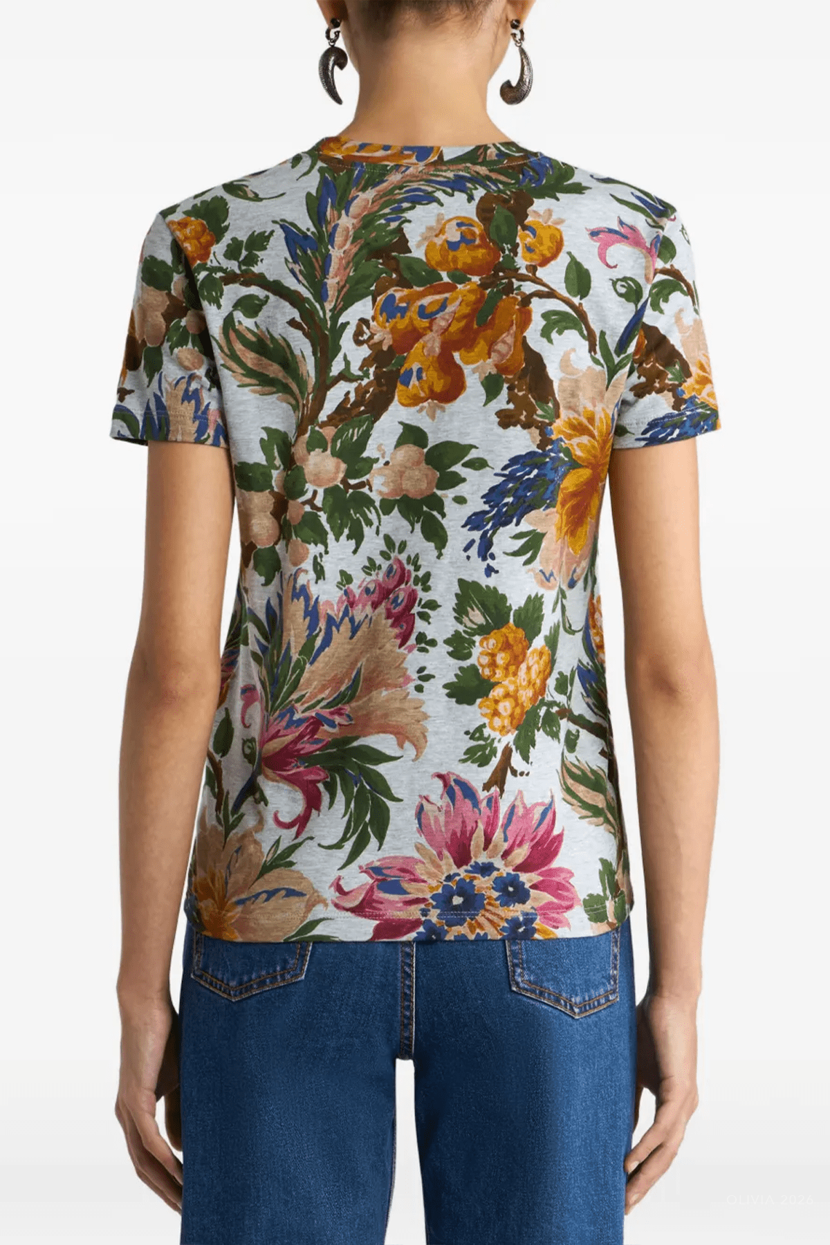 Floral Motif Cotton T-Shirt in Grey Multicolor - shop-olivia.com