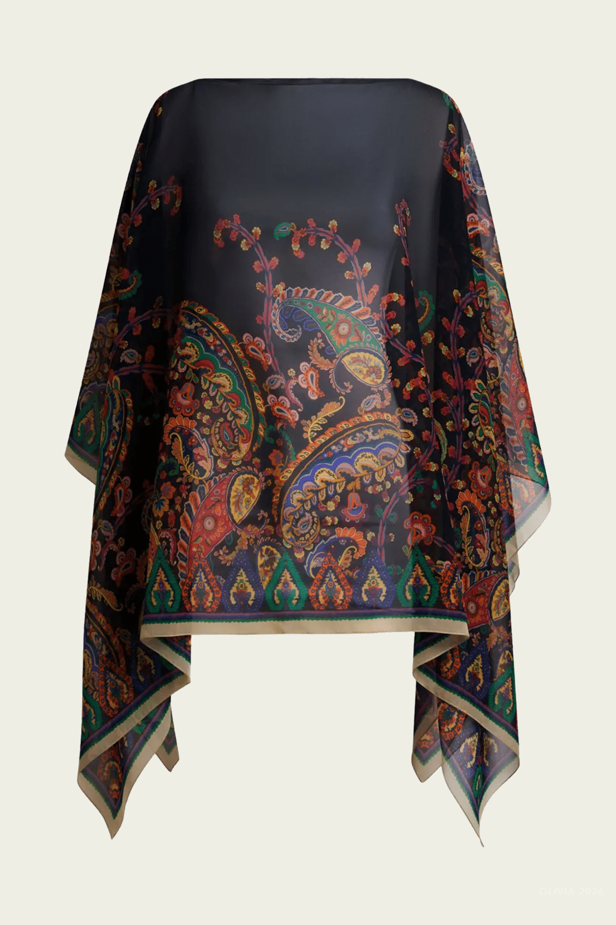 Floral Paisley - Print Silk Poncho in Black Multicolor - shop - olivia.com