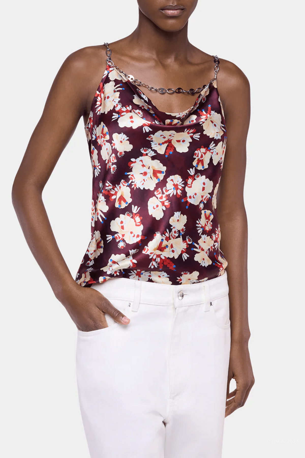 Floral Patterned Silk Top in Magenta - shop-olivia.com