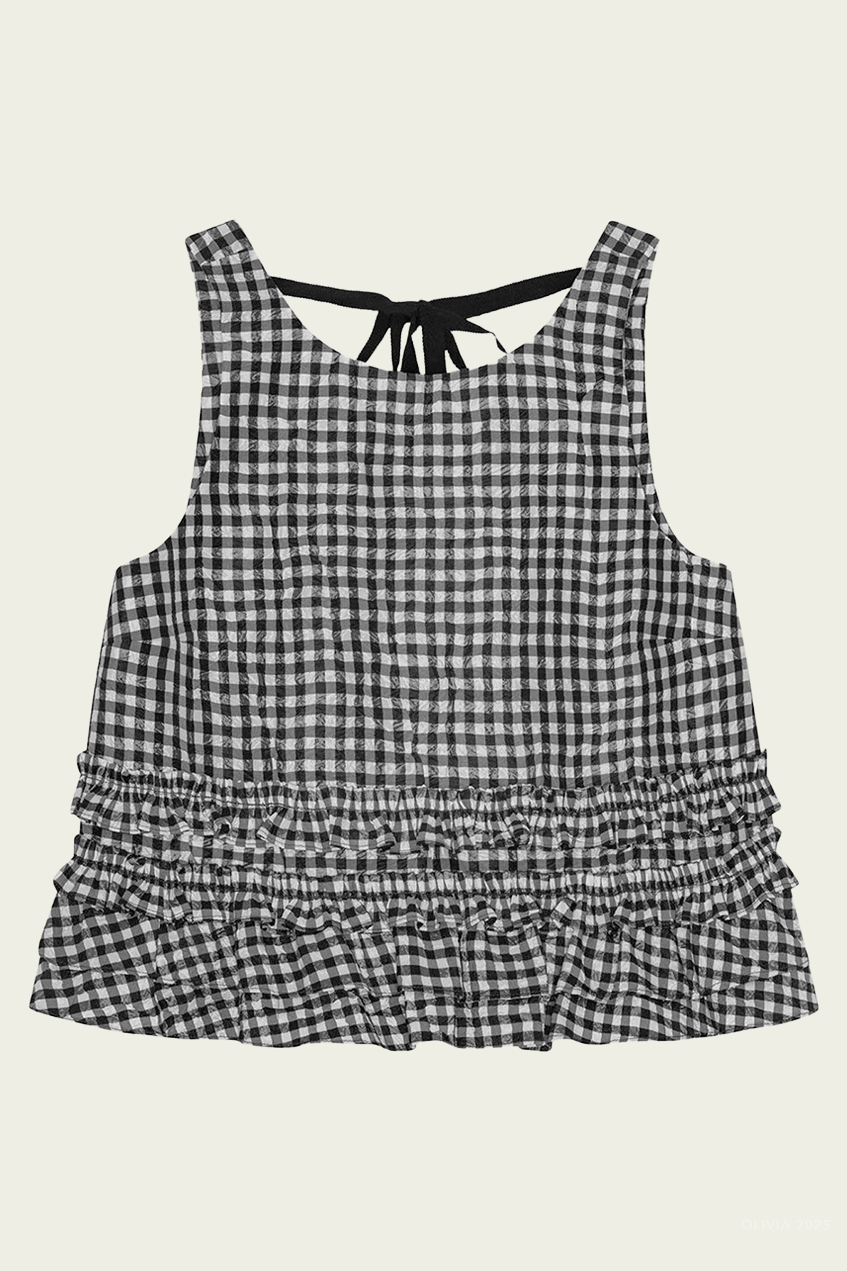 Crinkled Check Frill Top in Black