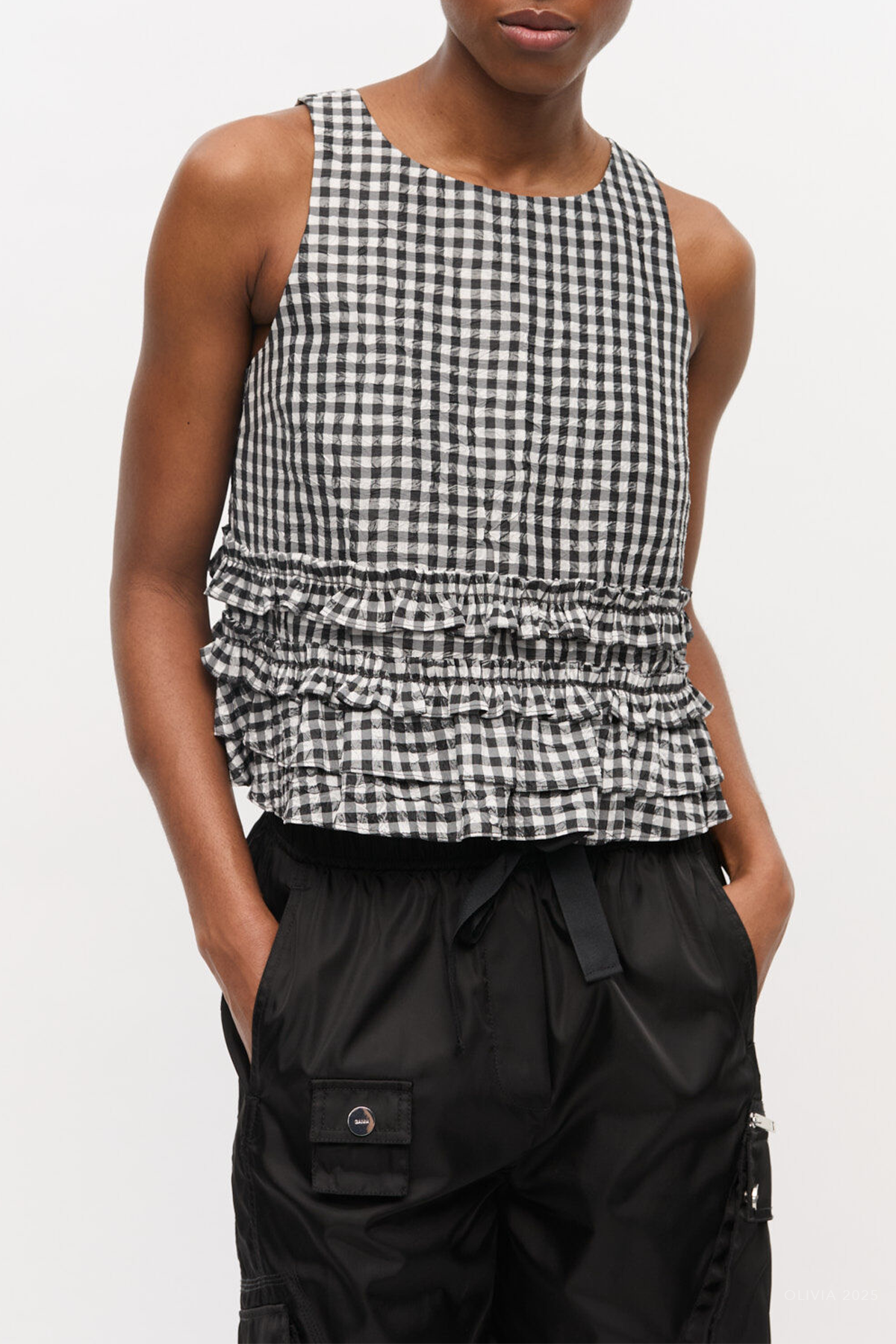 Crinkled Check Frill Top in Black