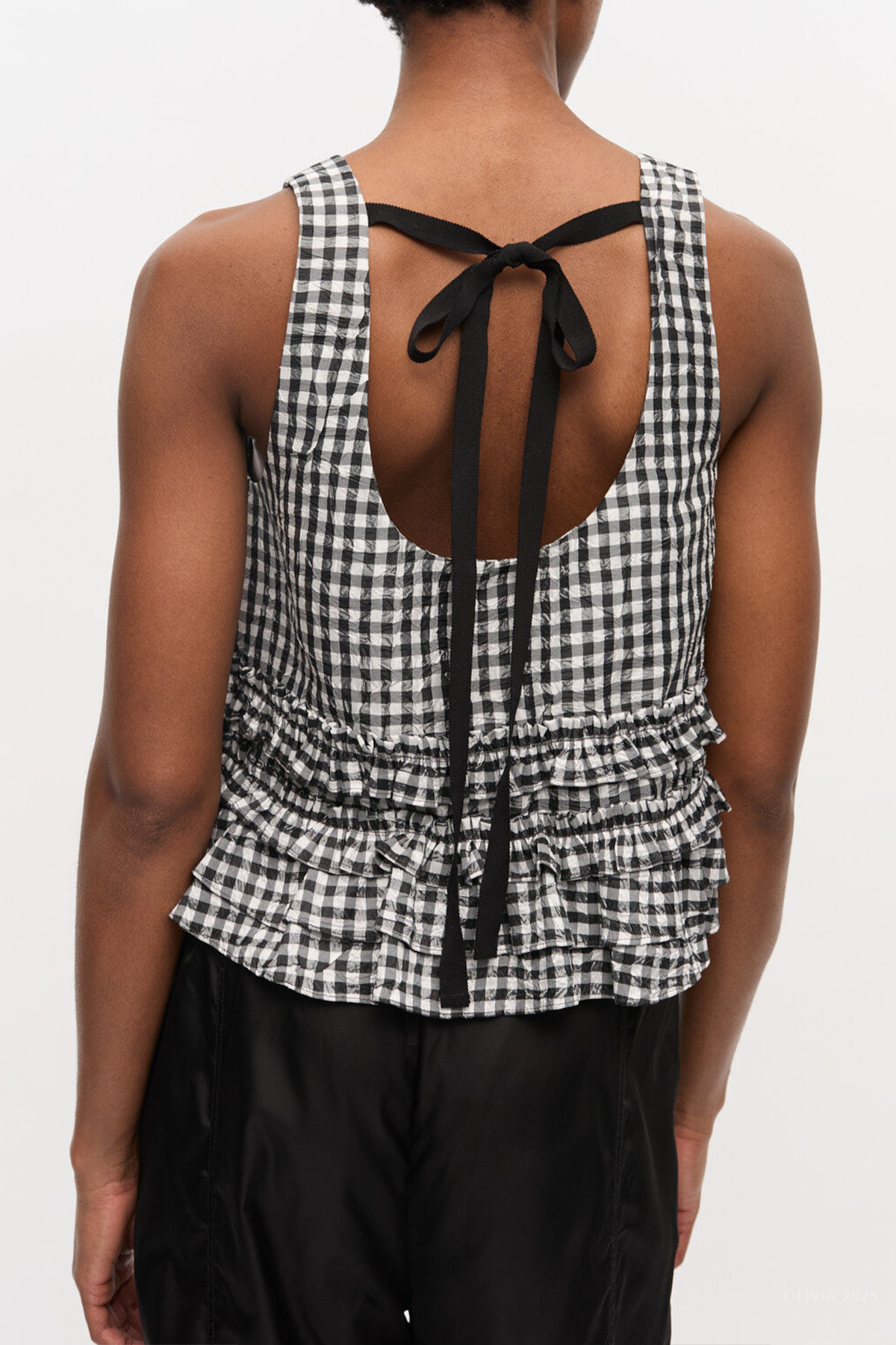 Crinkled Check Frill Top in Black