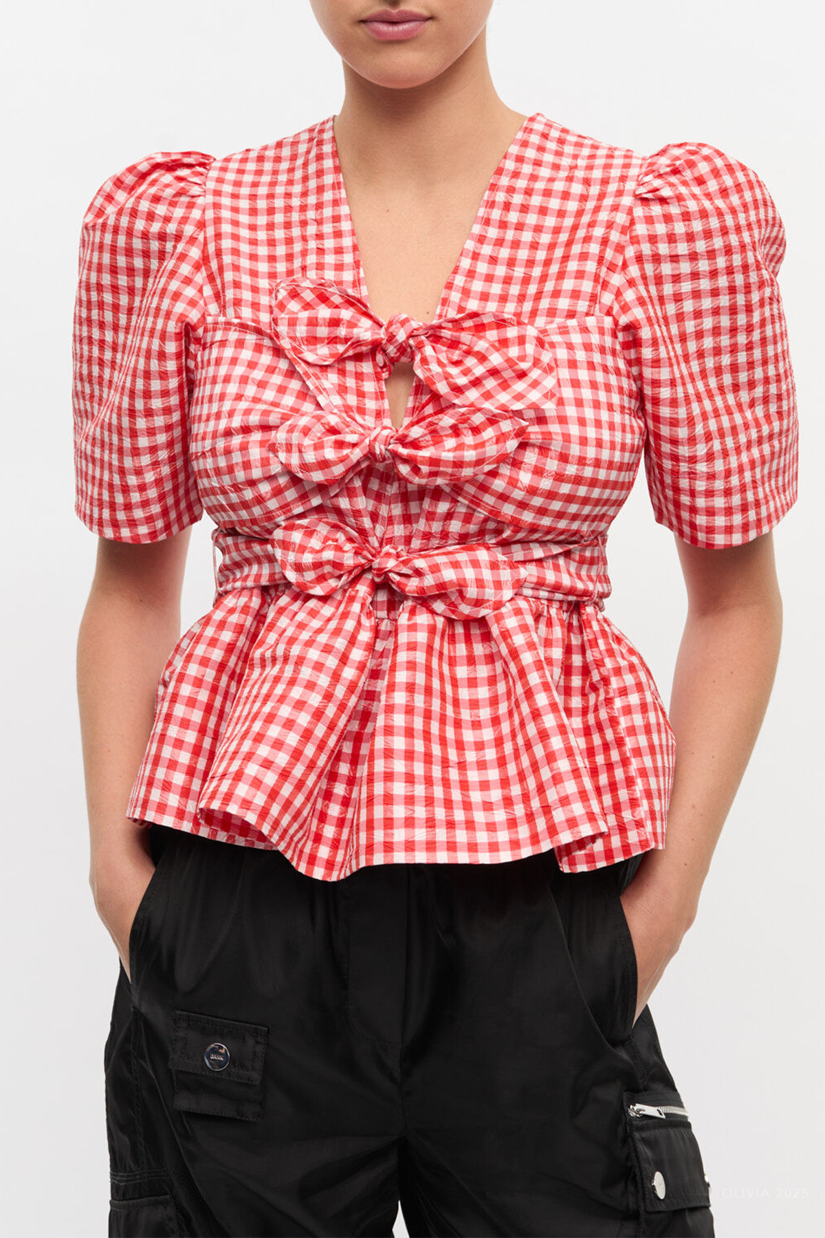 Crinkled Check Taffeta Blouse in Red Alert