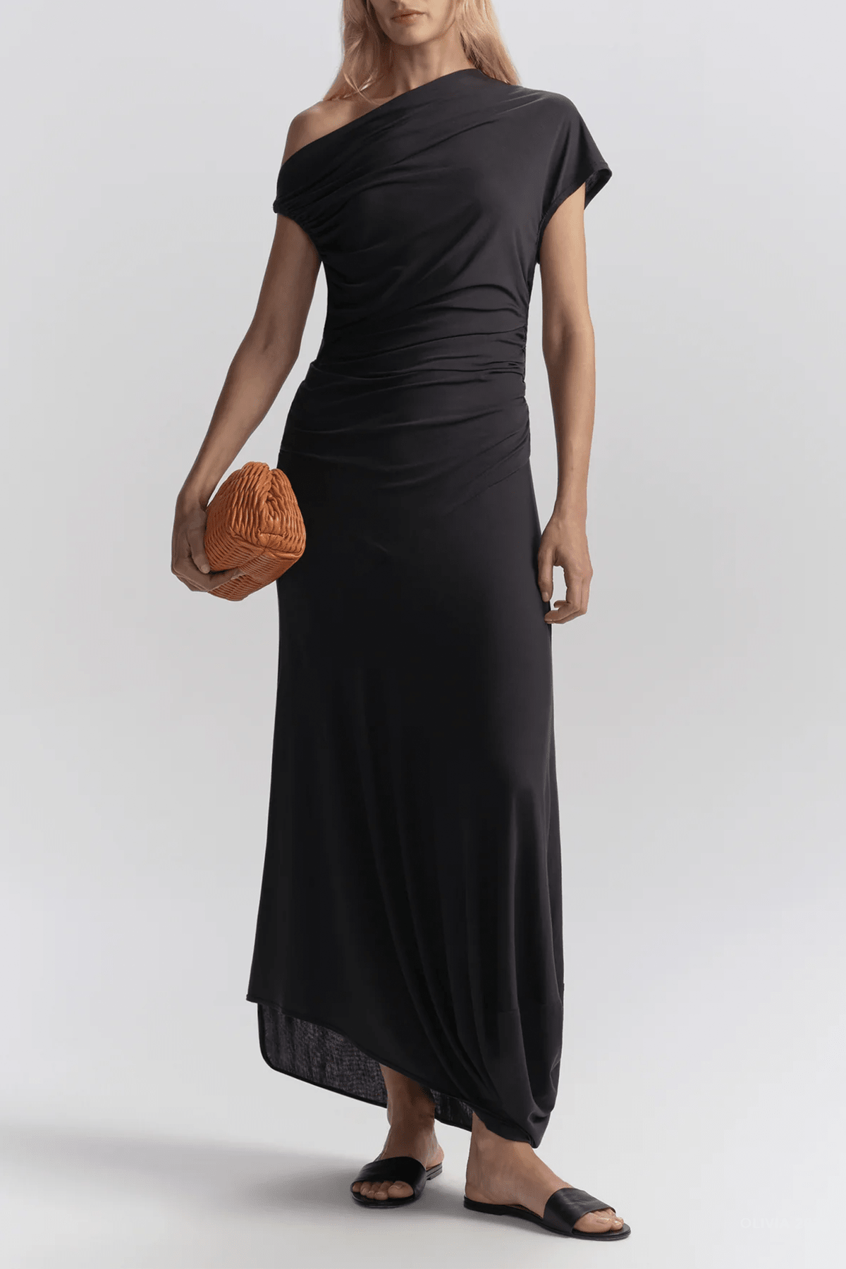 Halle One Shoulder Jersey Midi Dress in Night Blue - shop - olivia.com