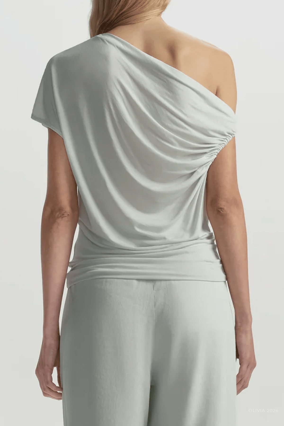 Halle One Shoulder Tee in Pale Mint - shop - olivia.com