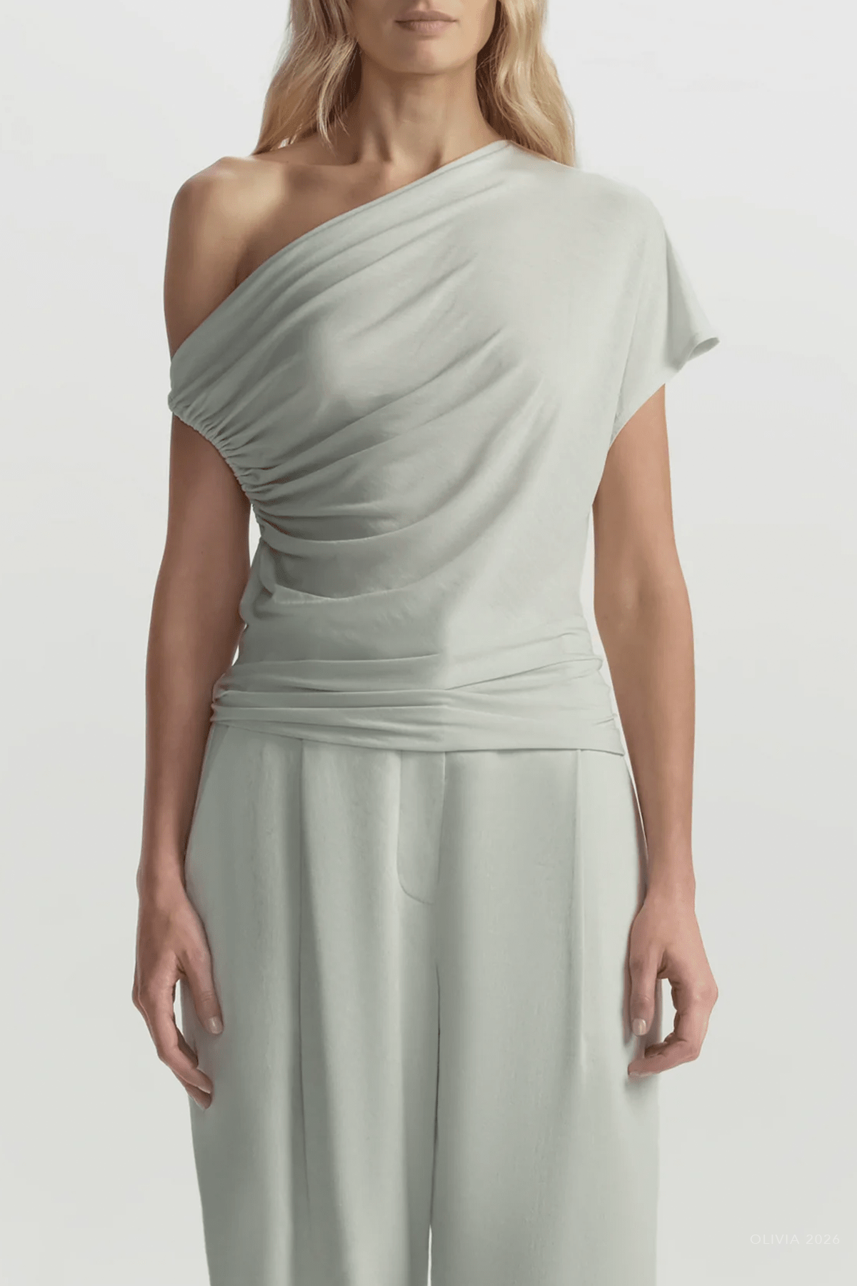 Halle One Shoulder Tee in Pale Mint - shop - olivia.com