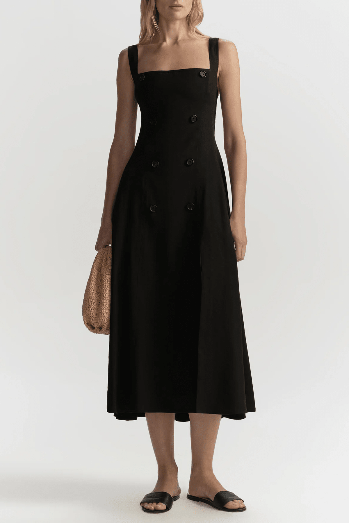 Hayes Button Front Linen Midi Dress in Black - shop - olivia.com