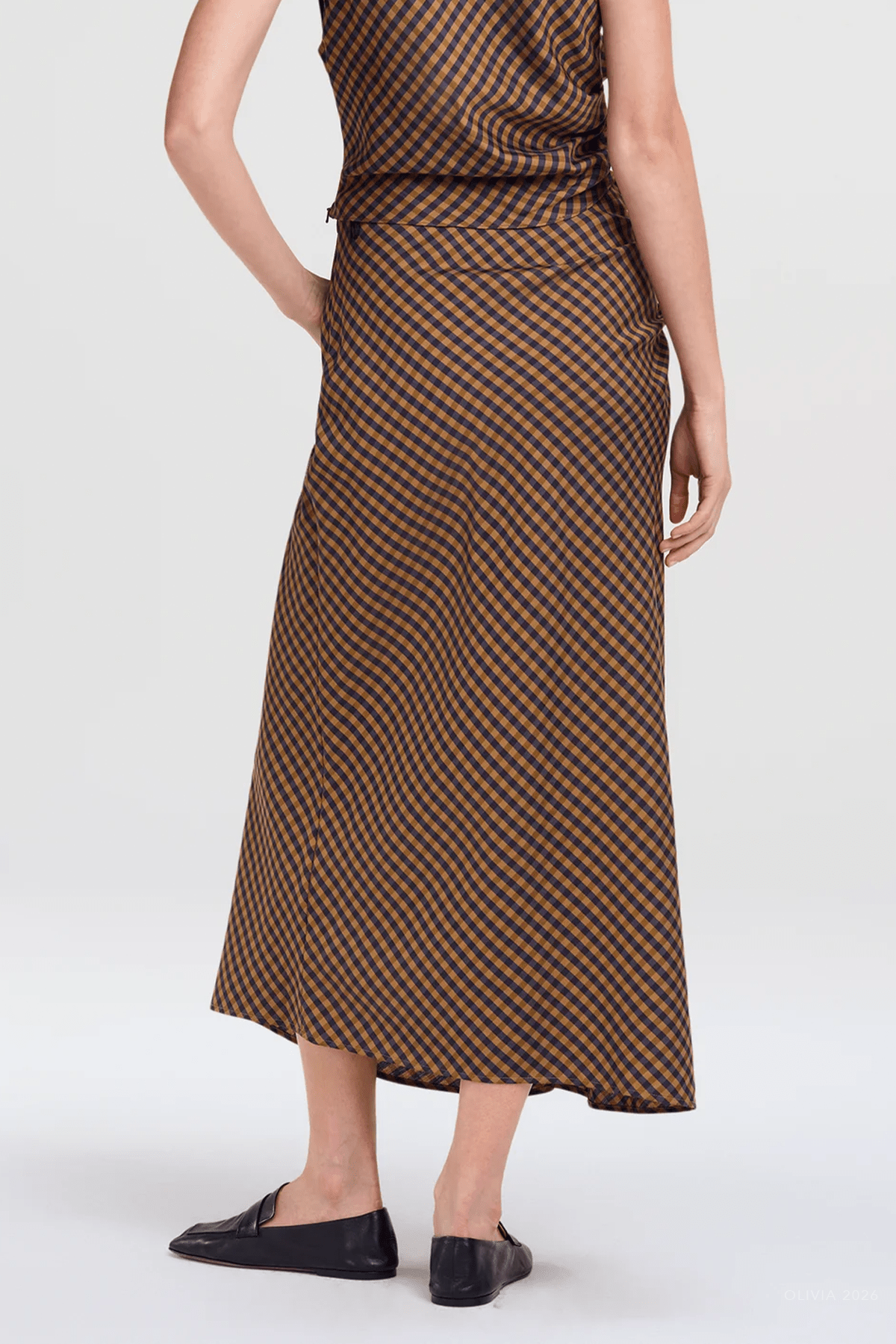 Jean Check Midi Skirt in Pecan Navy - shop-olivia.com