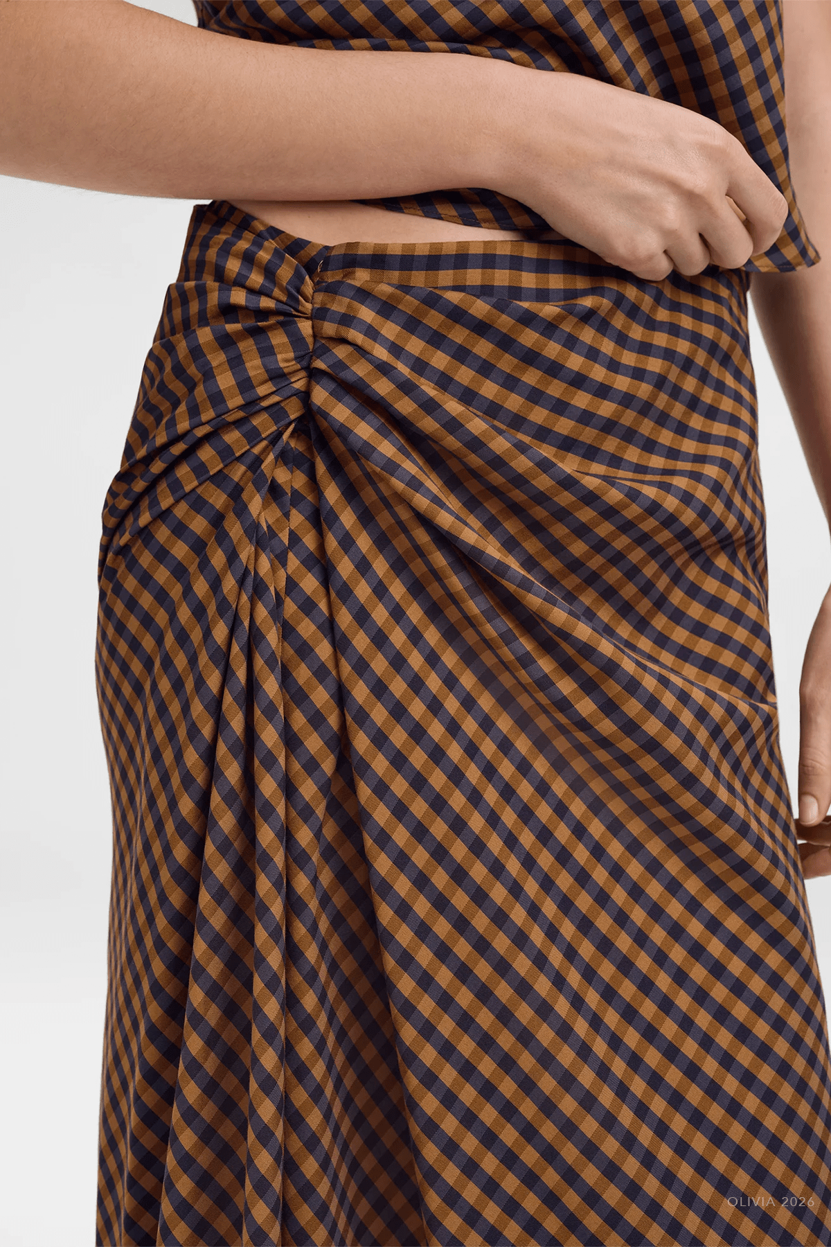 Jean Check Midi Skirt in Pecan Navy - shop-olivia.com