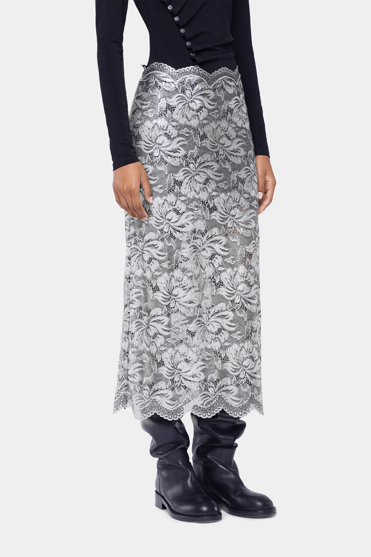 Lace Midi Skirt in Black Silver - shop - olivia.com