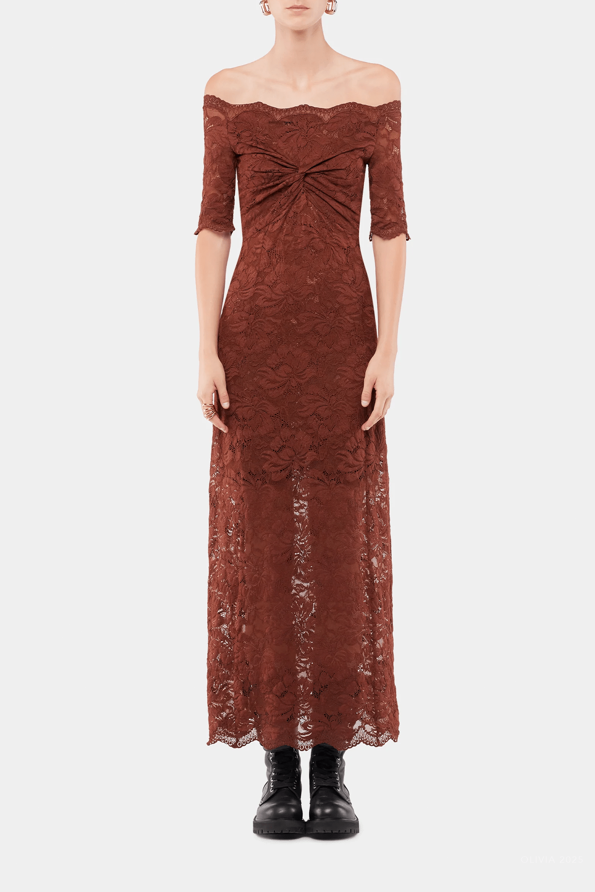 Lace Off - Shoulder Midi Dress in Cinnamon Brown - shop - olivia.com