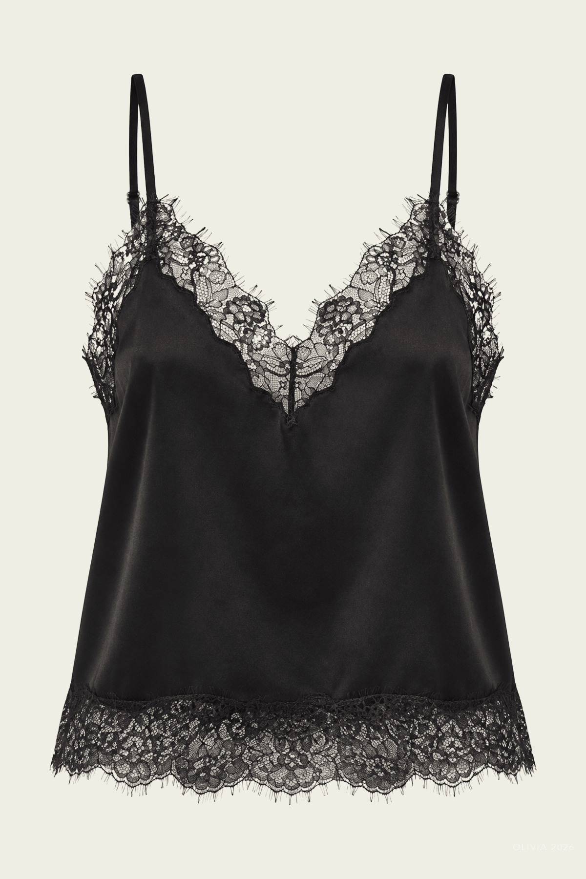Lace Trimmed Japanese Hammered Satin Cami in Black - shop-olivia.com