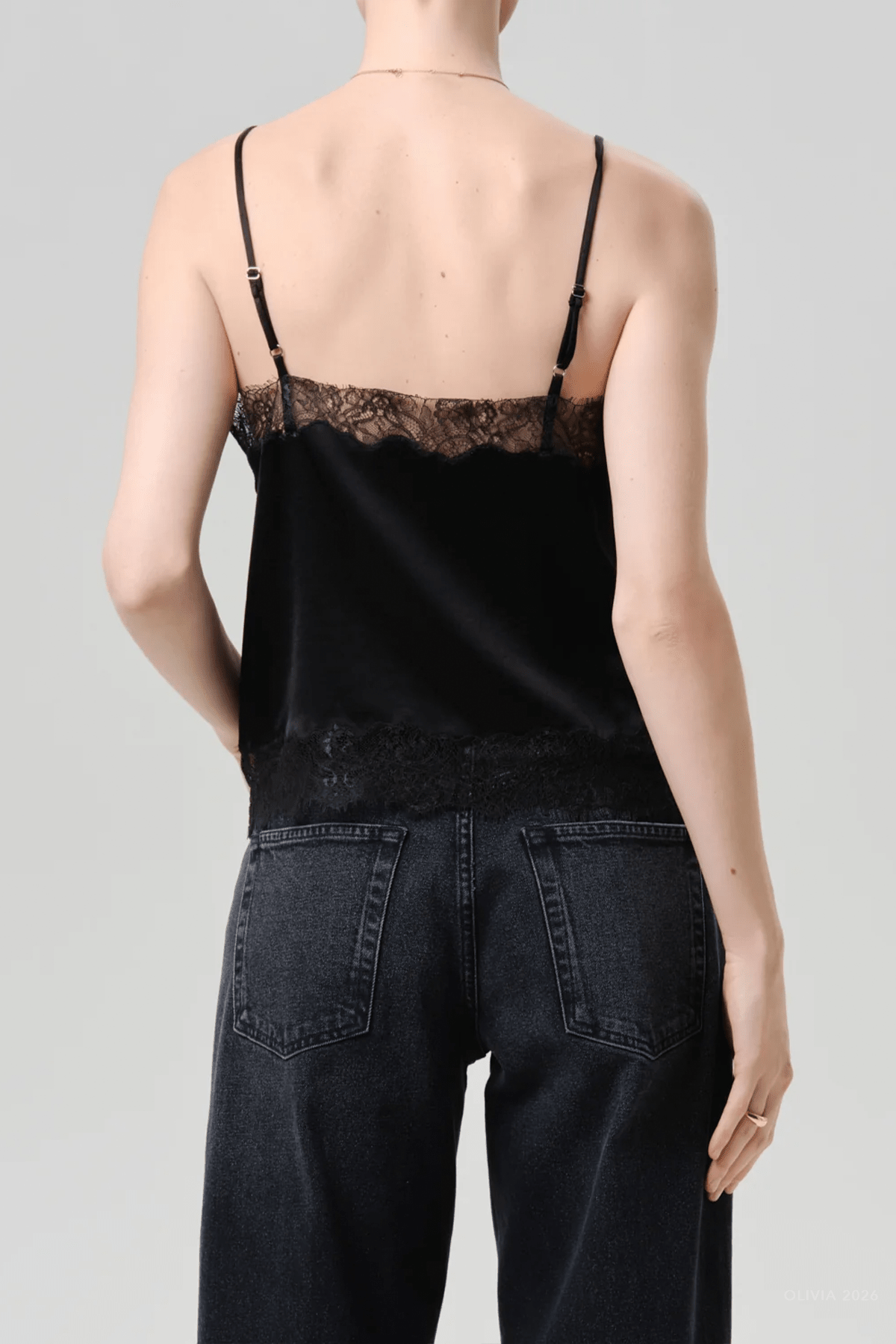 Lace Trimmed Japanese Hammered Satin Cami in Black - shop-olivia.com