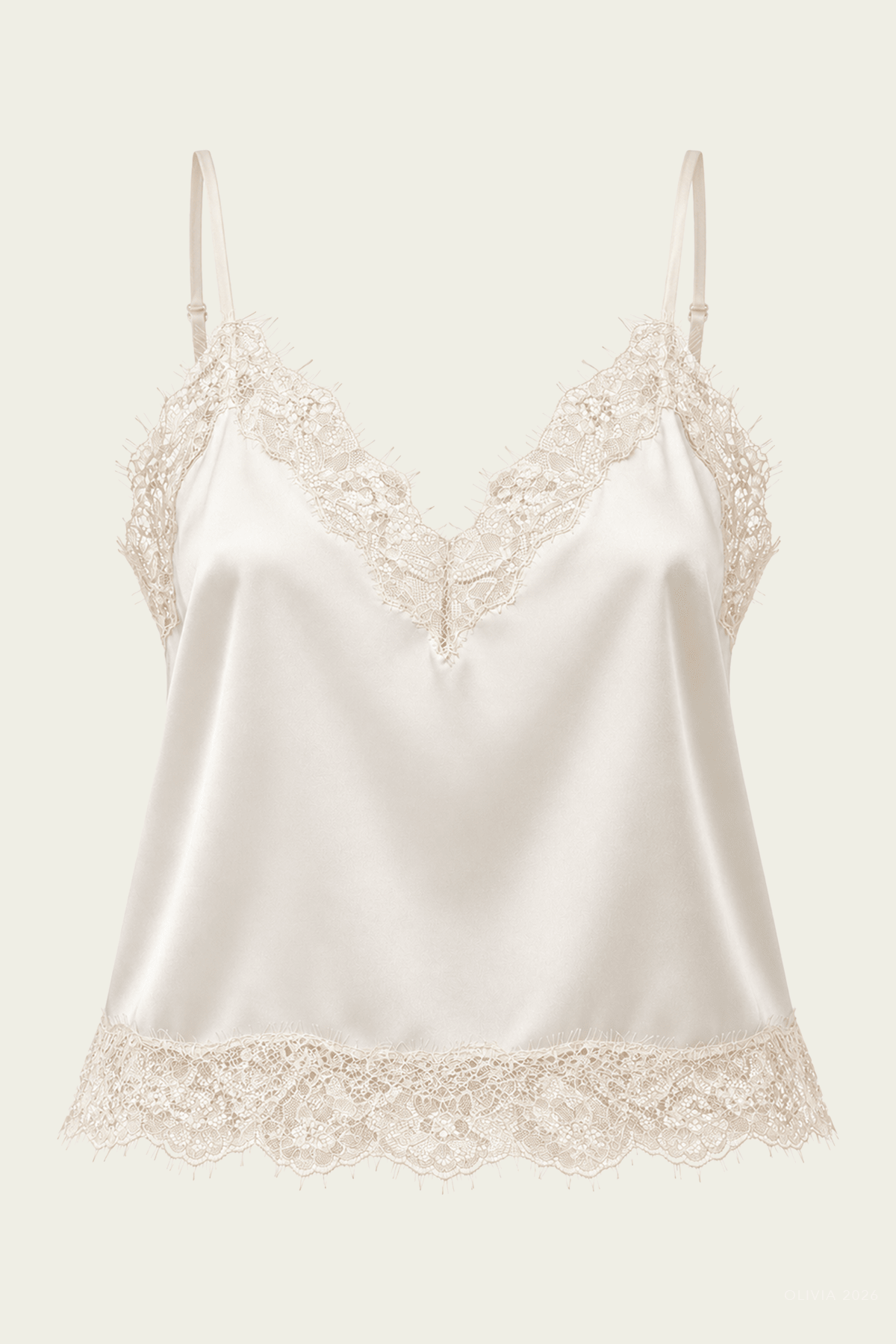 Lace Trimmed Japanese Hammered Satin Cami in Cream - shop-olivia.com