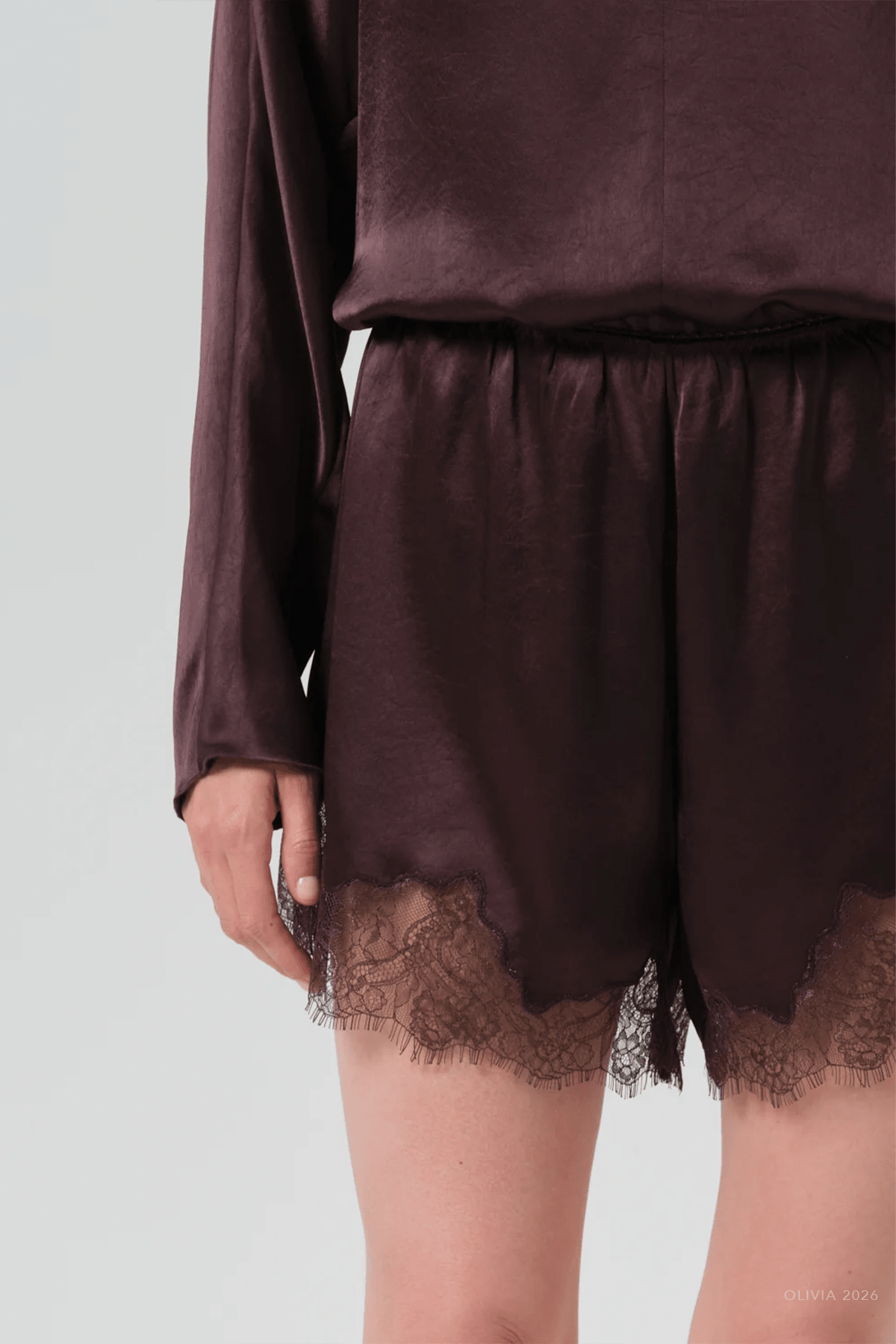 Lace Trimmed Japanese Hammered Satin Tap Short in Espresso - shop-olivia.com
