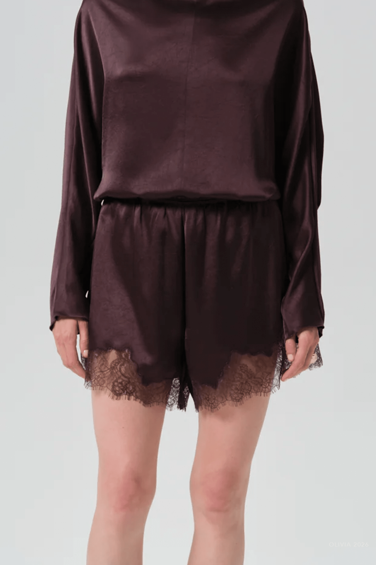 Lace Trimmed Japanese Hammered Satin Tap Short in Espresso - shop-olivia.com