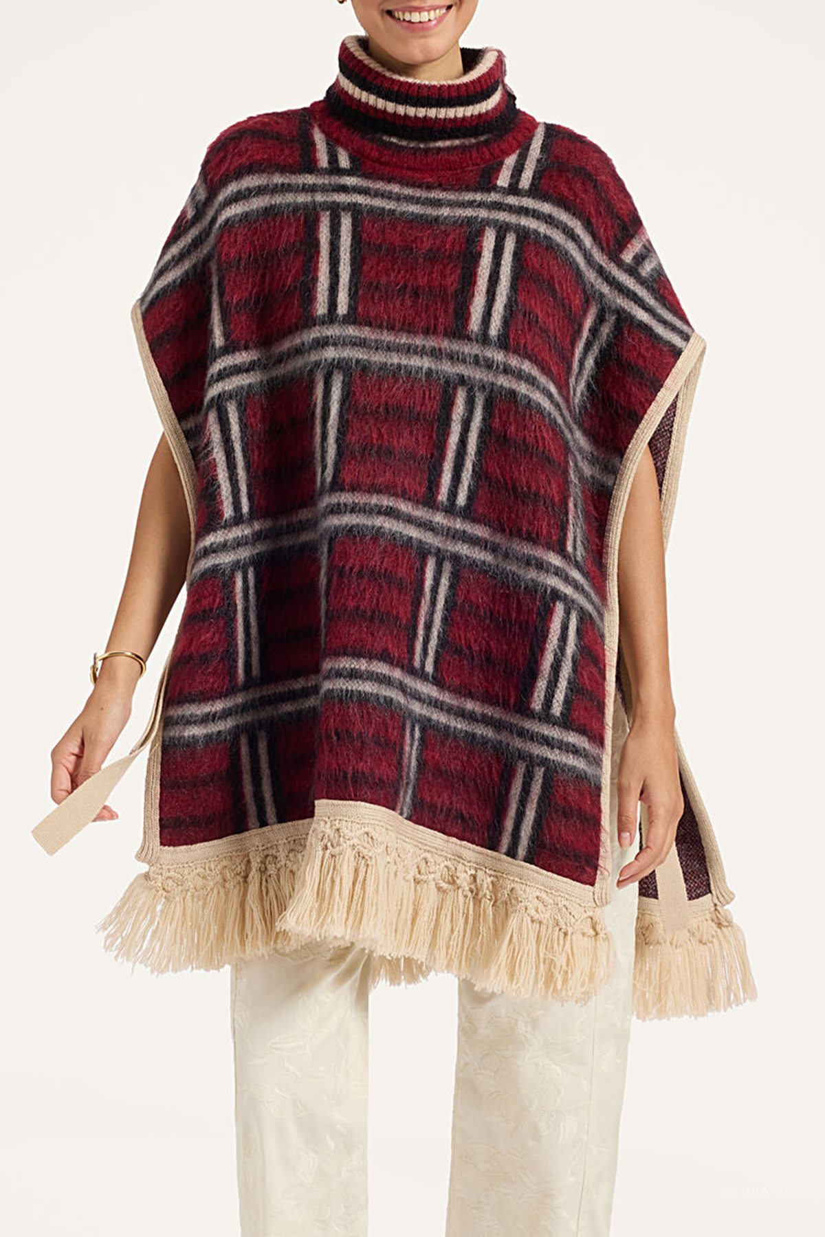 Check Poncho in Kells Check Burgundy
