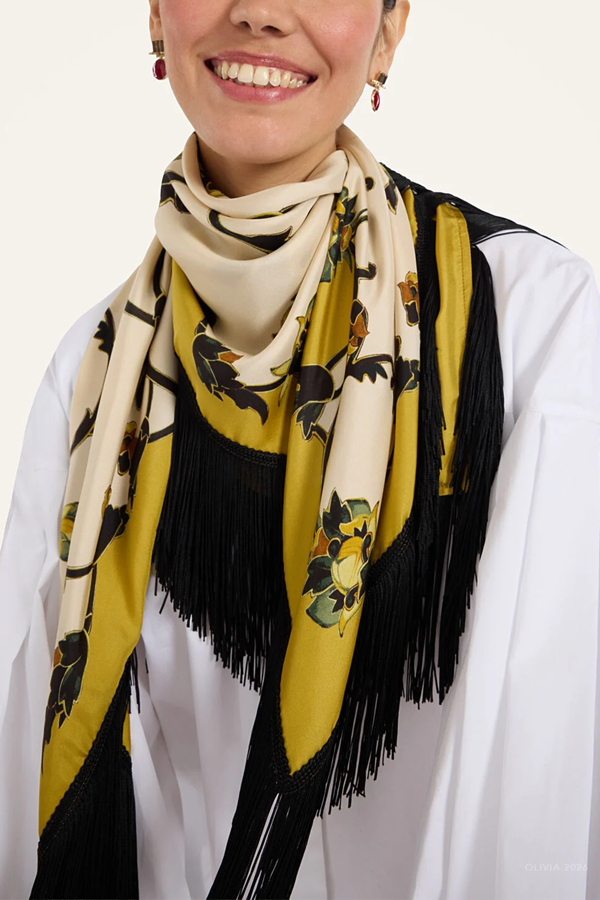 Reversible Fringe Foulard 90 in Buttercup Placée White