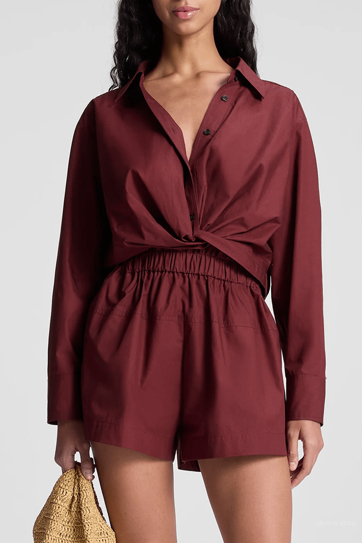 Leo Cropped Cotton Shirt in Dark Bosco - shop - olivia.com