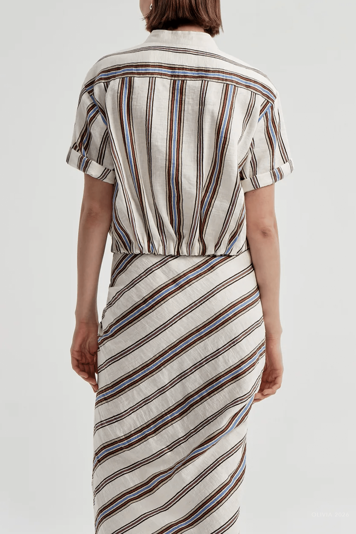 Leonore Short Sleeve Striped Linen Shirt in Panna Multi - shop-olivia.com