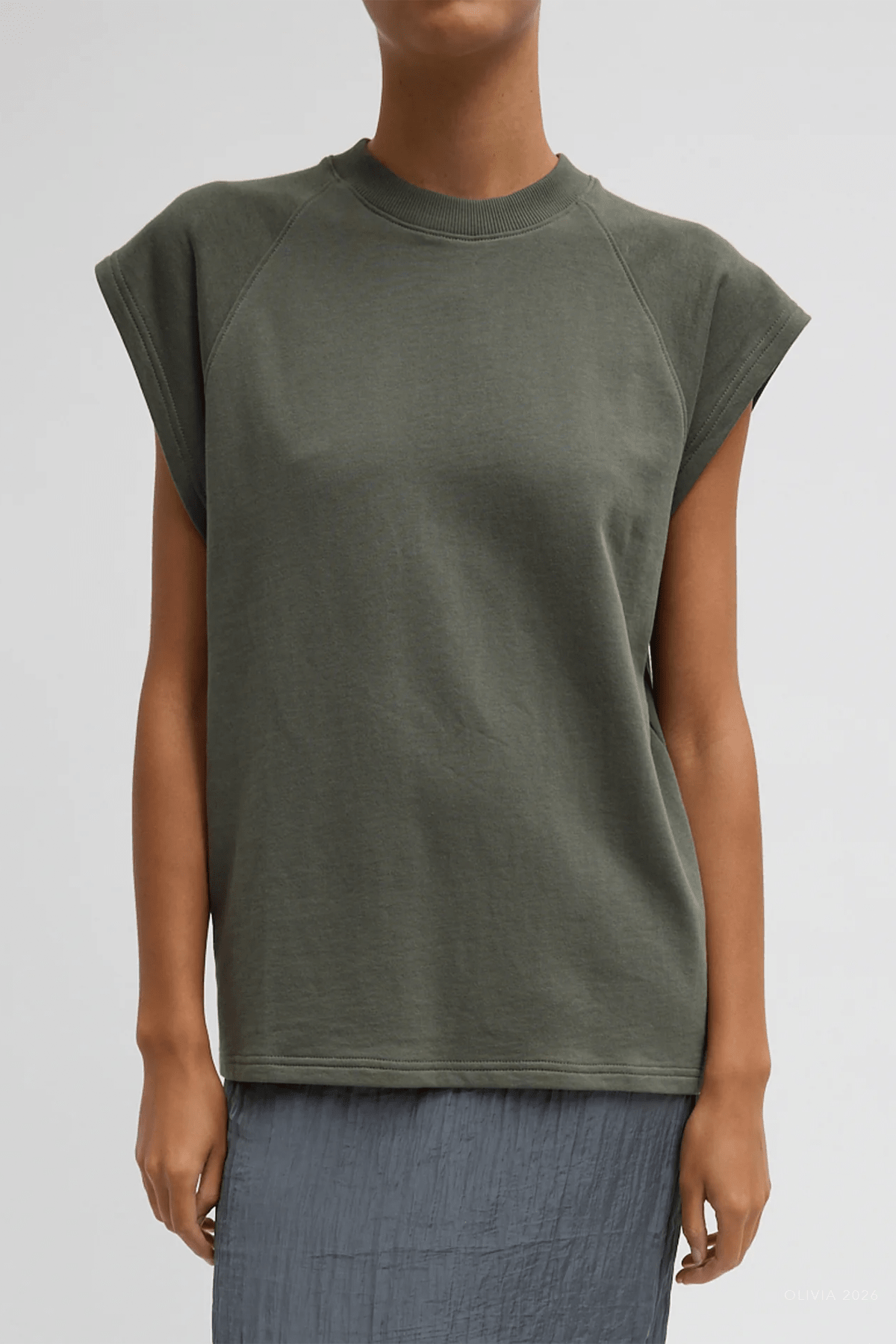 Light Weight Sweatshirting Sleeveless Easy Top in Olive - shop - olivia.com