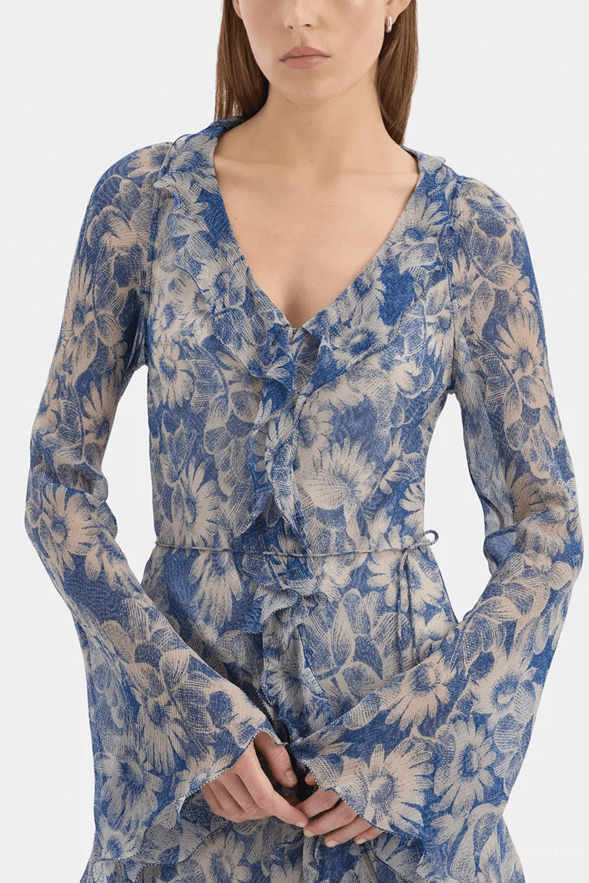 Lilia Ruffle Long-Sleeve Mini Dress in Daisy Meadow - shop-olivia.com