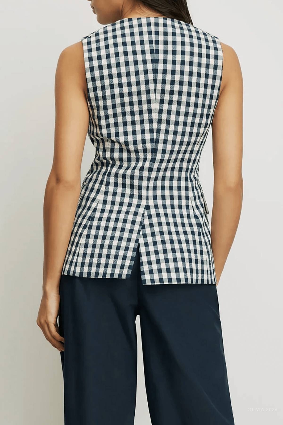 Lois Gingham Vest in Navy Dove White - shop-olivia.com