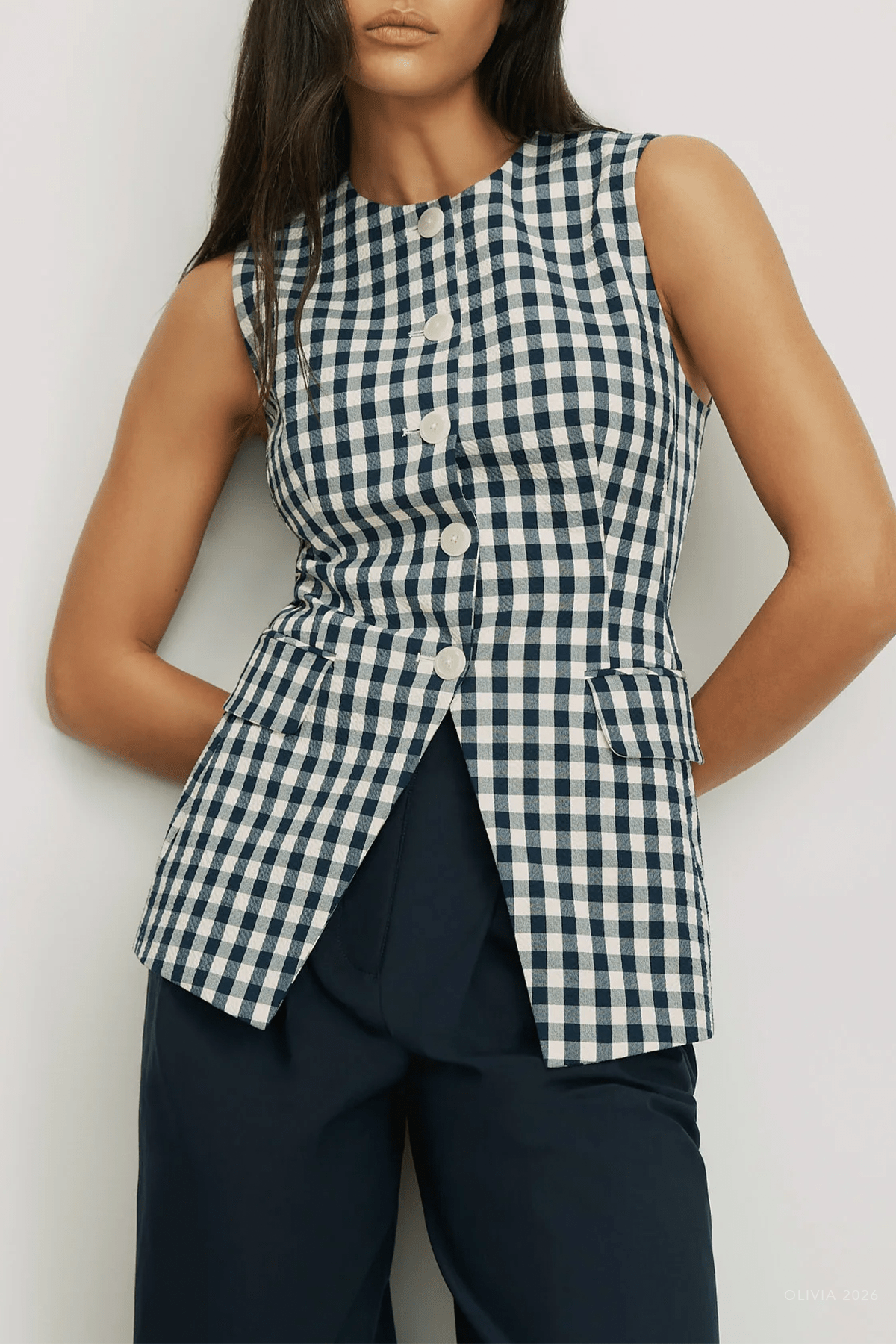 Lois Gingham Vest in Navy Dove White - shop-olivia.com