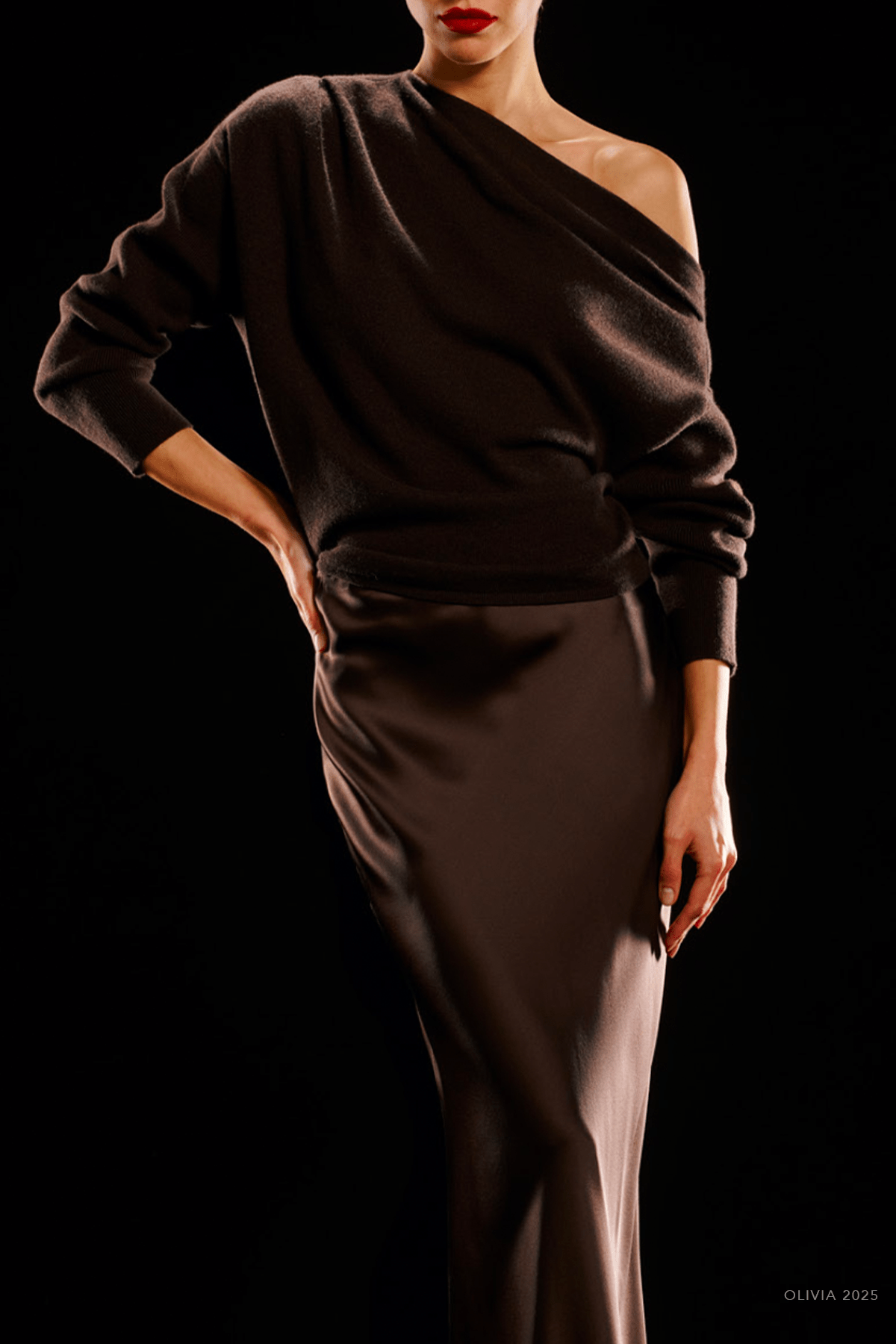 Long - Sleeve Asymmetrical Drape Sweater in Cocoa - shop - olivia.com