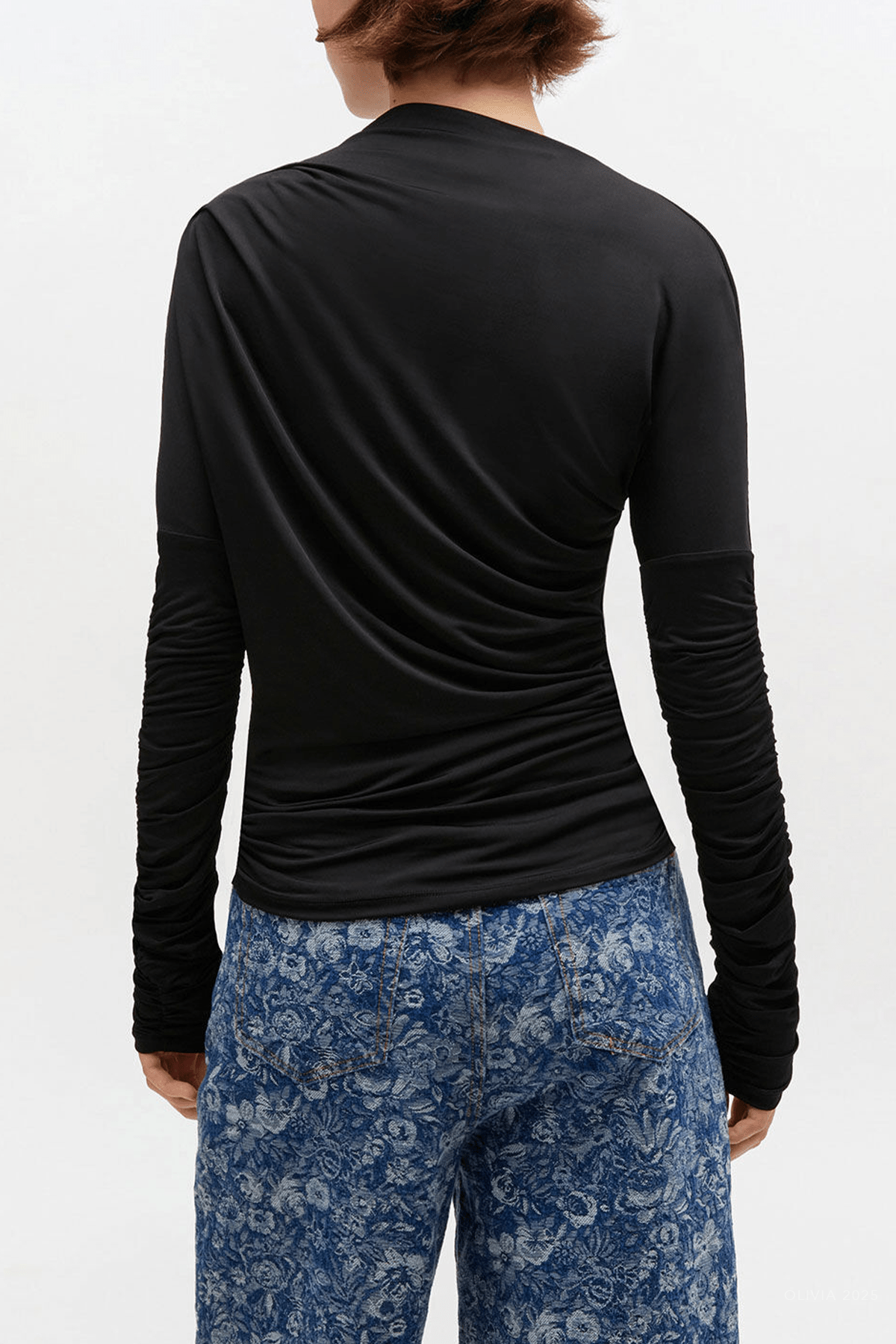 Long - Sleeve Ruched Top in Black - shop - olivia.com