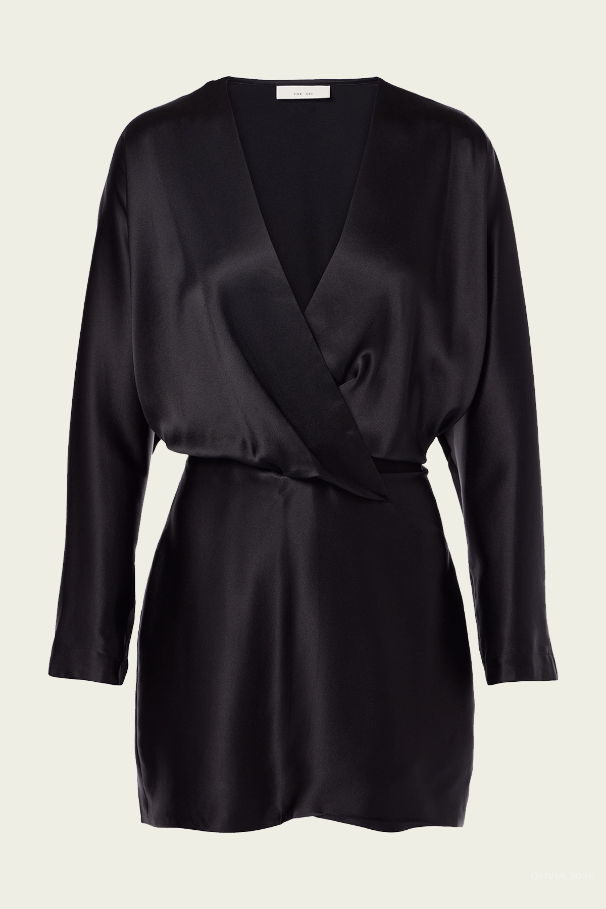 black satin mini dress long sleeve Black 3D Rose Deep V Mini Dress  Long Sleeve Satin Bodycon Party Dress