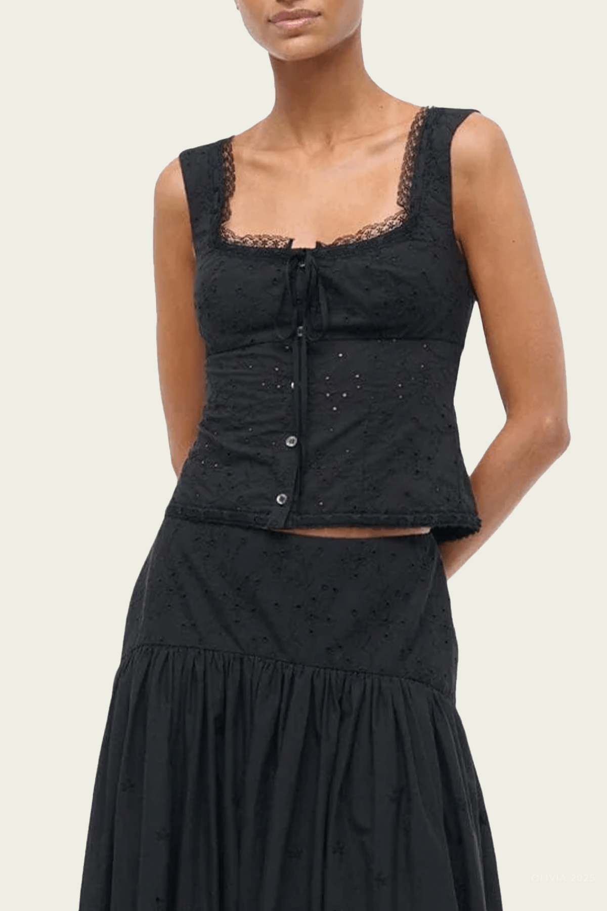 Lou Eyelet Top in Black - shop - olivia.com