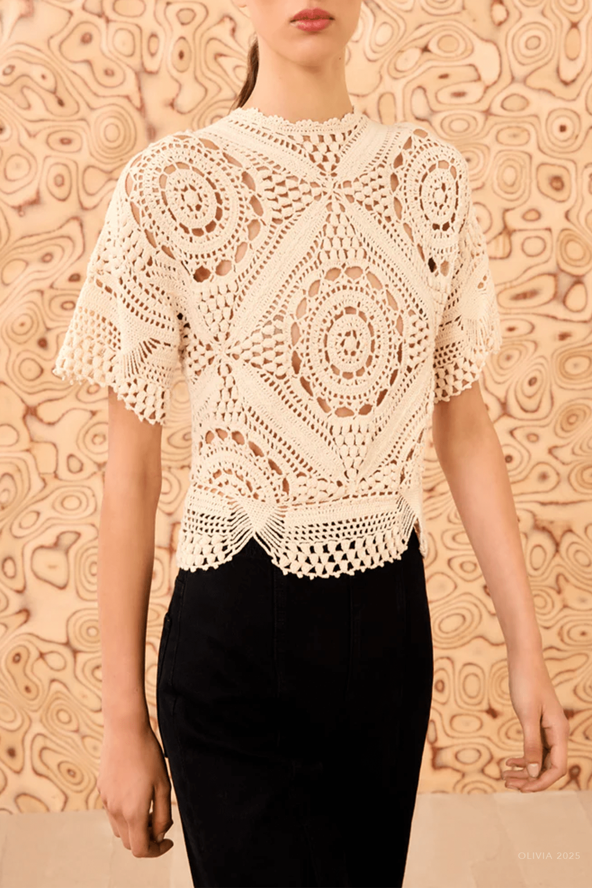 Maddalena Short Sleeve Hand Crochet Top in Cowrie - shop - olivia.com