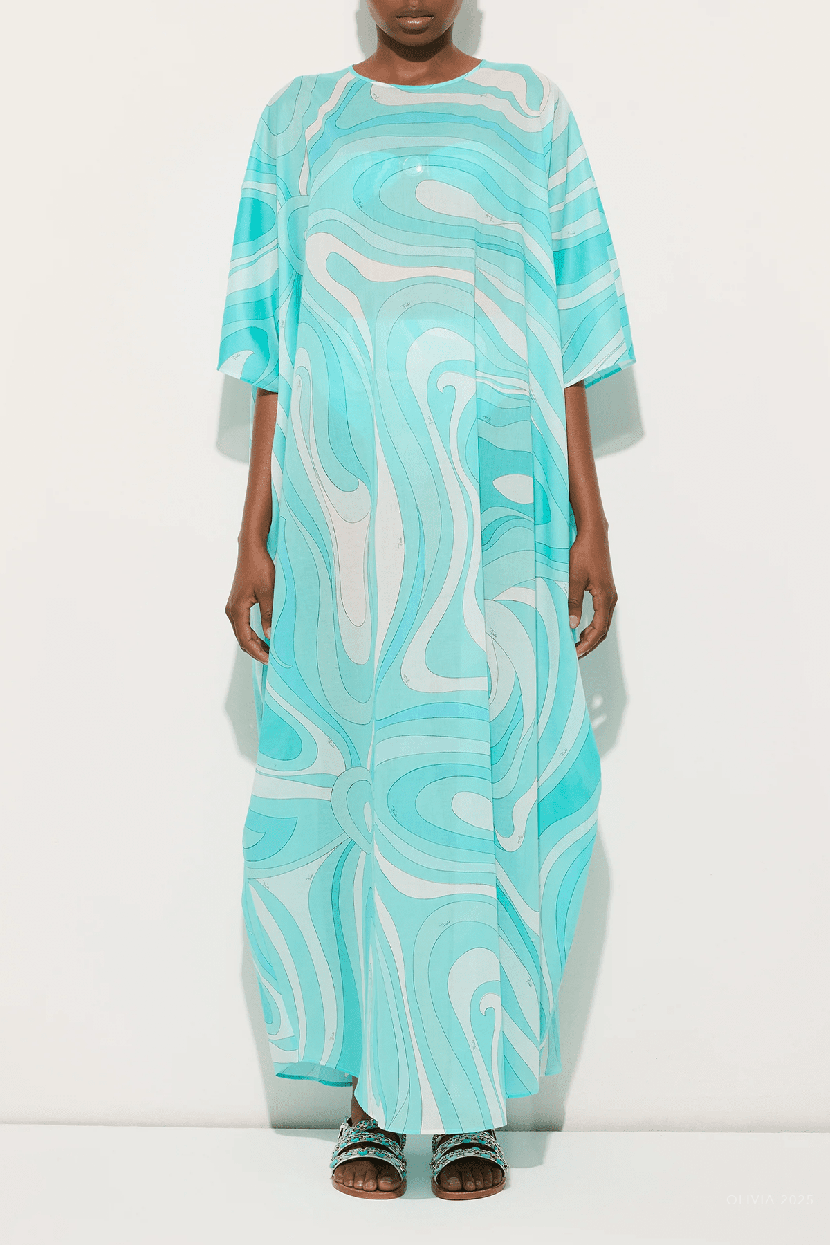 Marmo - Print Long Cotton Kaftan in Turquoise - shop - olivia.com