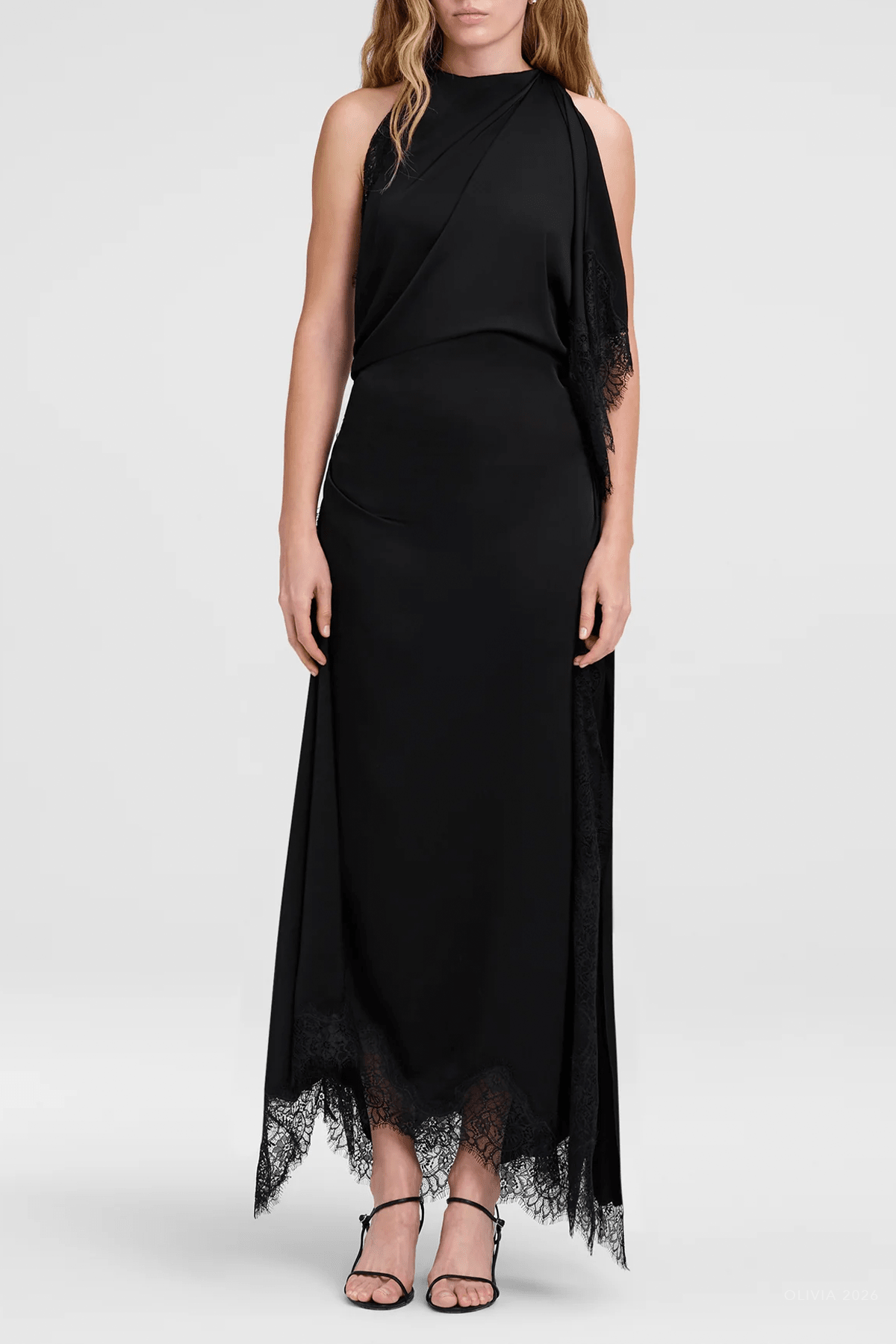 Miriam Satin and Lace Maxi Dress in Black - shop-olivia.com